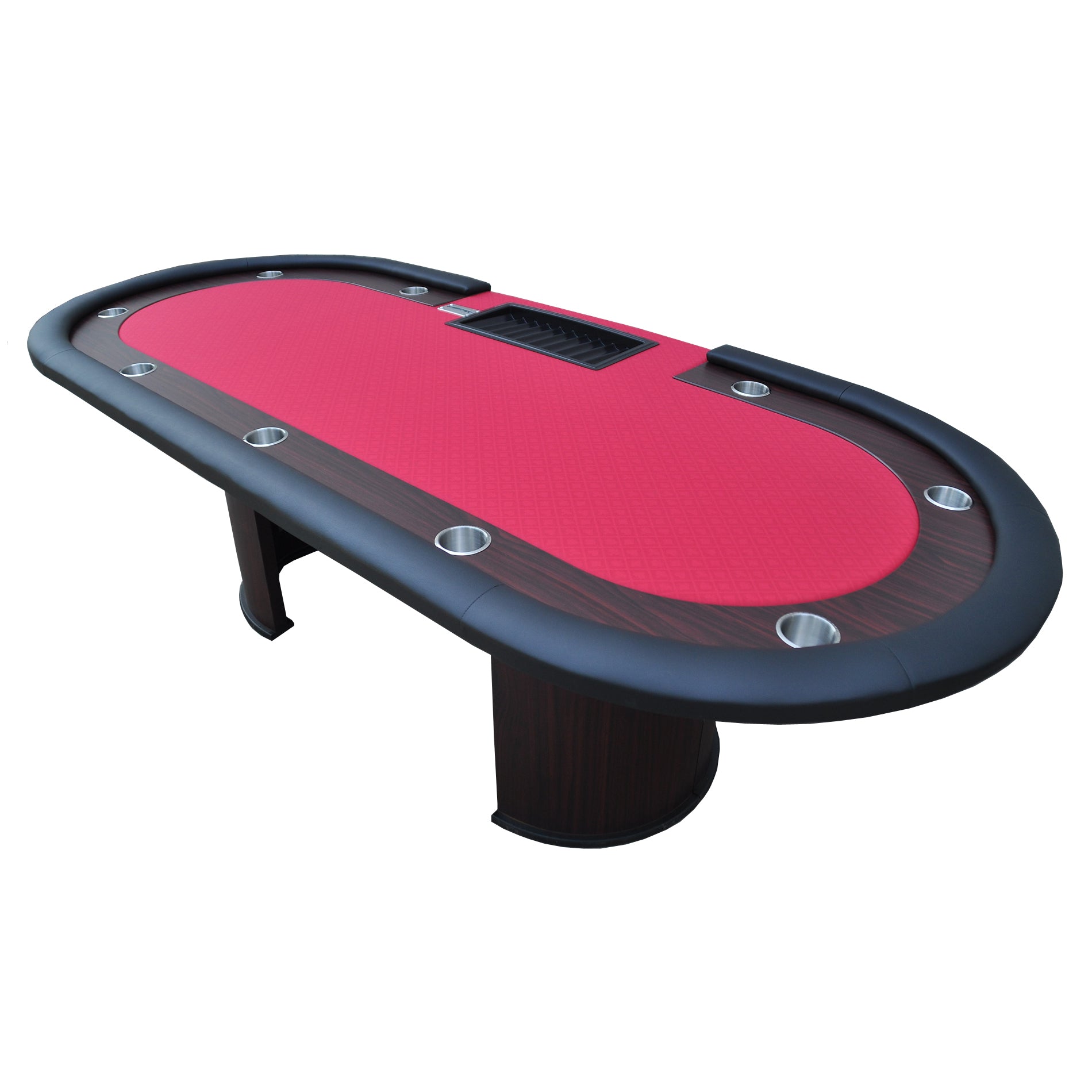 96-Inch Oval Wooden Folding Poker Table with Red Felt, U-Shaped Legs, and Chip Trays | Bear Dice