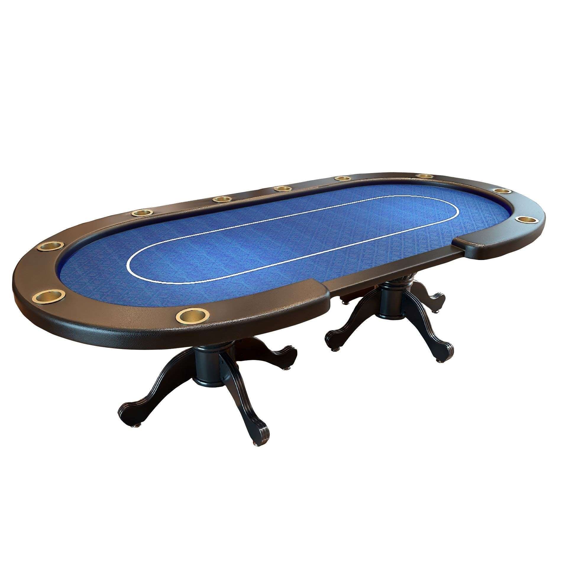 96-Inch Oval Blue Felt 10-Player Aura Poker Table – Full Side View with Carved Legs | Bear Dice