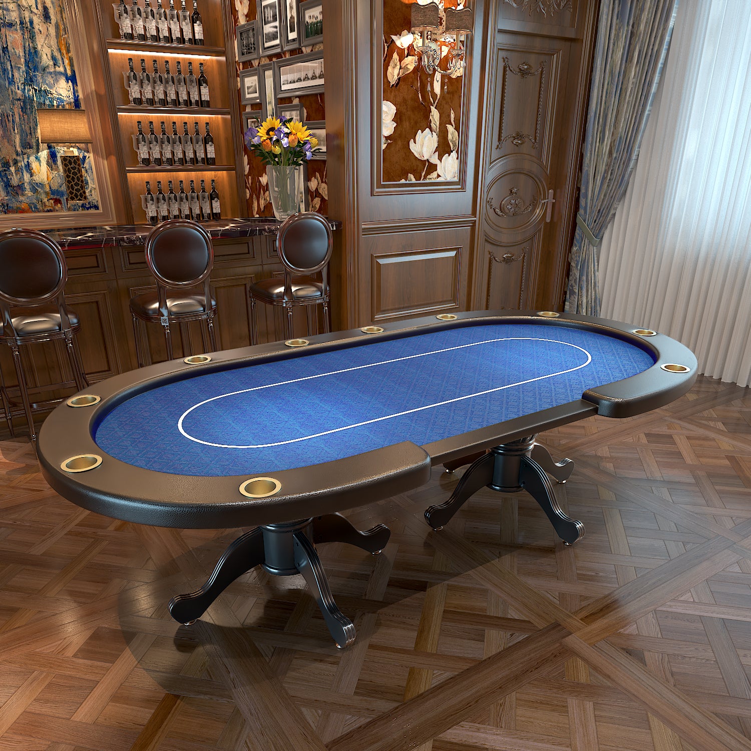 96-Inch Oval Blue Felt 10-Player Aura Poker Table – Interior Side View Scene | Bear Dice