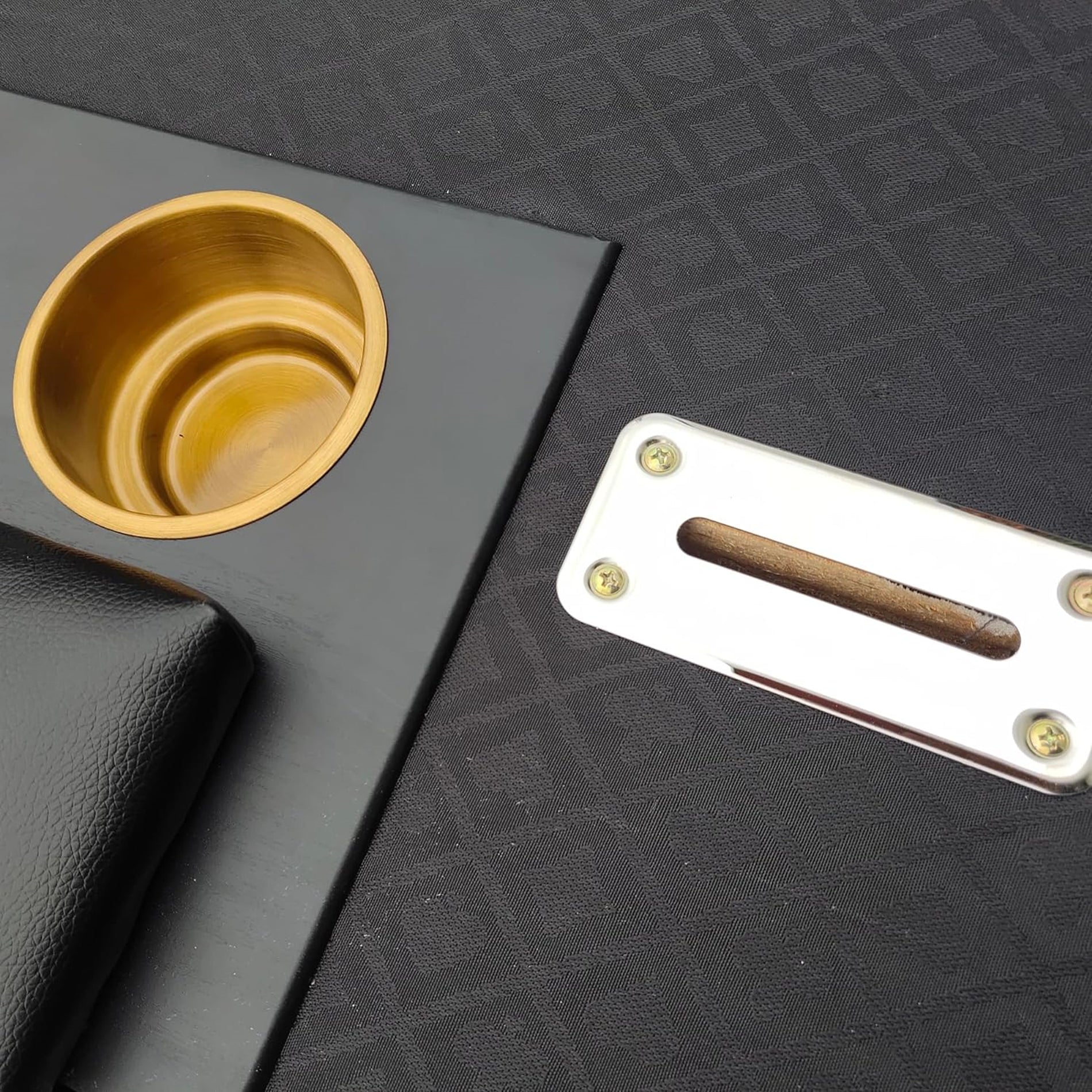 96-Inch Oval Poker Table with Waterproof Black Felt – Stainless Steel Cup Holder Detail | Bear Dice