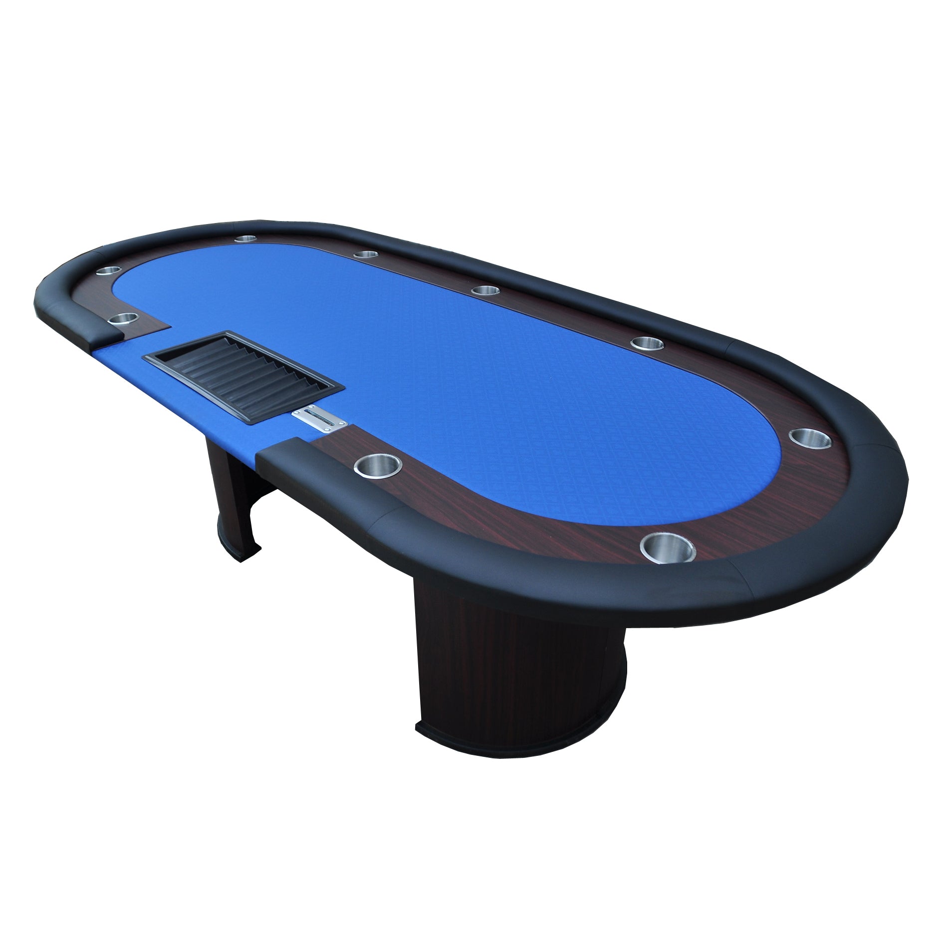 96-inch blue felt casino poker table with U-shaped legs, seating 9 players and 1 dealer, featuring 9 cup holders and 1 chip tray | Bear Dice