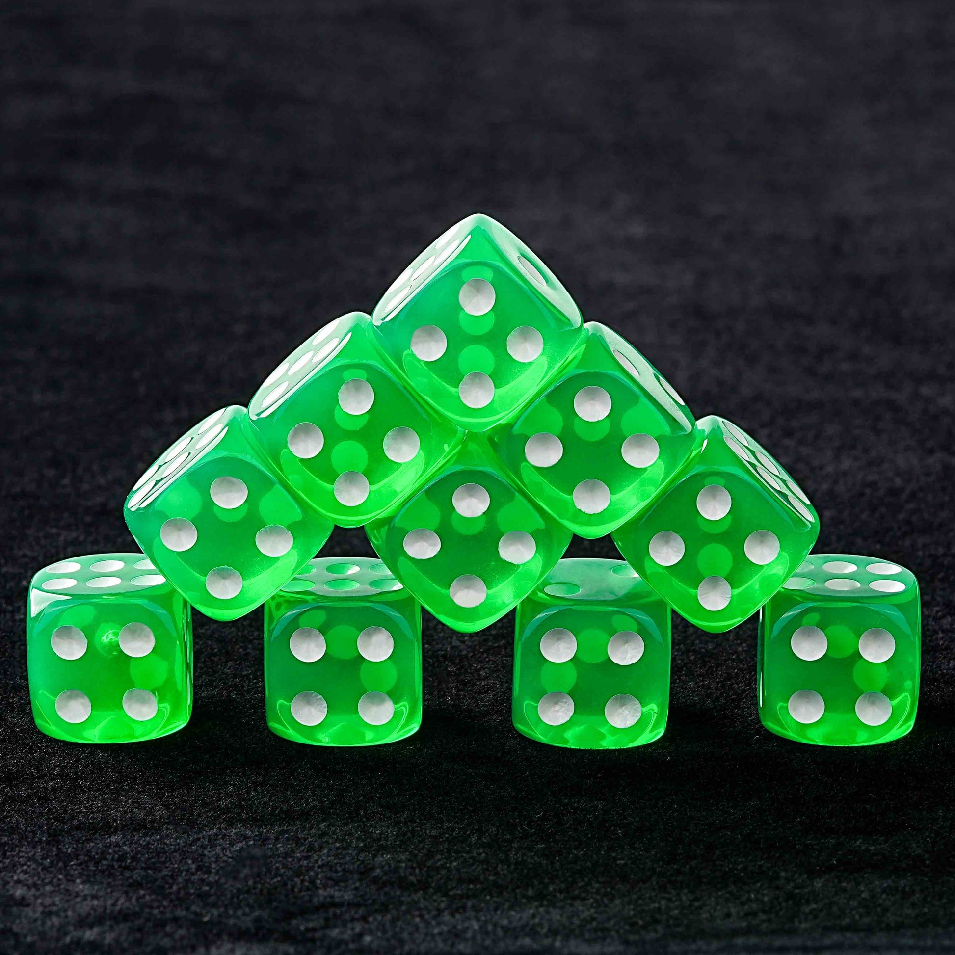 10 translucent green 6-sided dice with white dots | Bear Dice