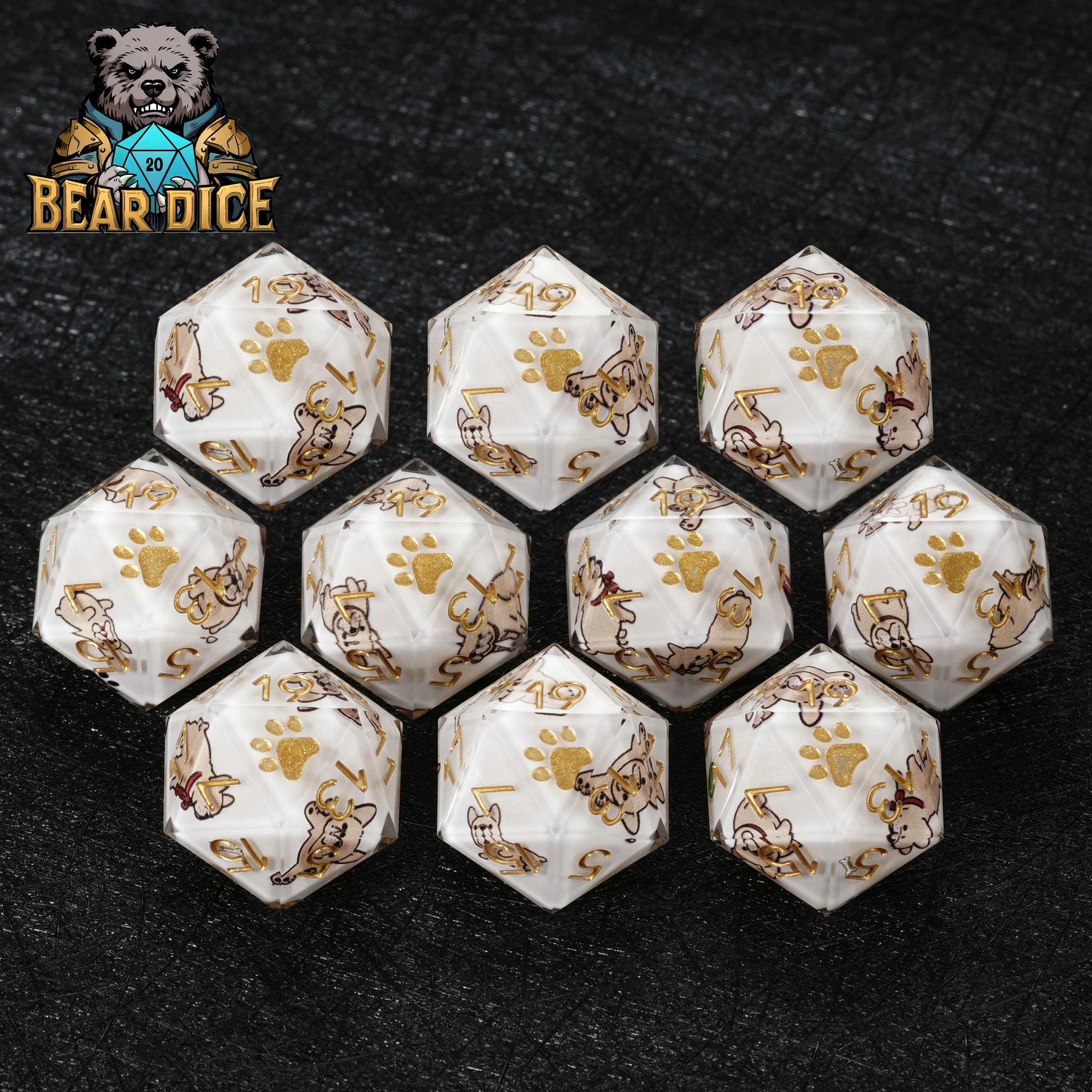 Bulldog White Resin D20 Dice – D&D RPG Polyhedral Die
