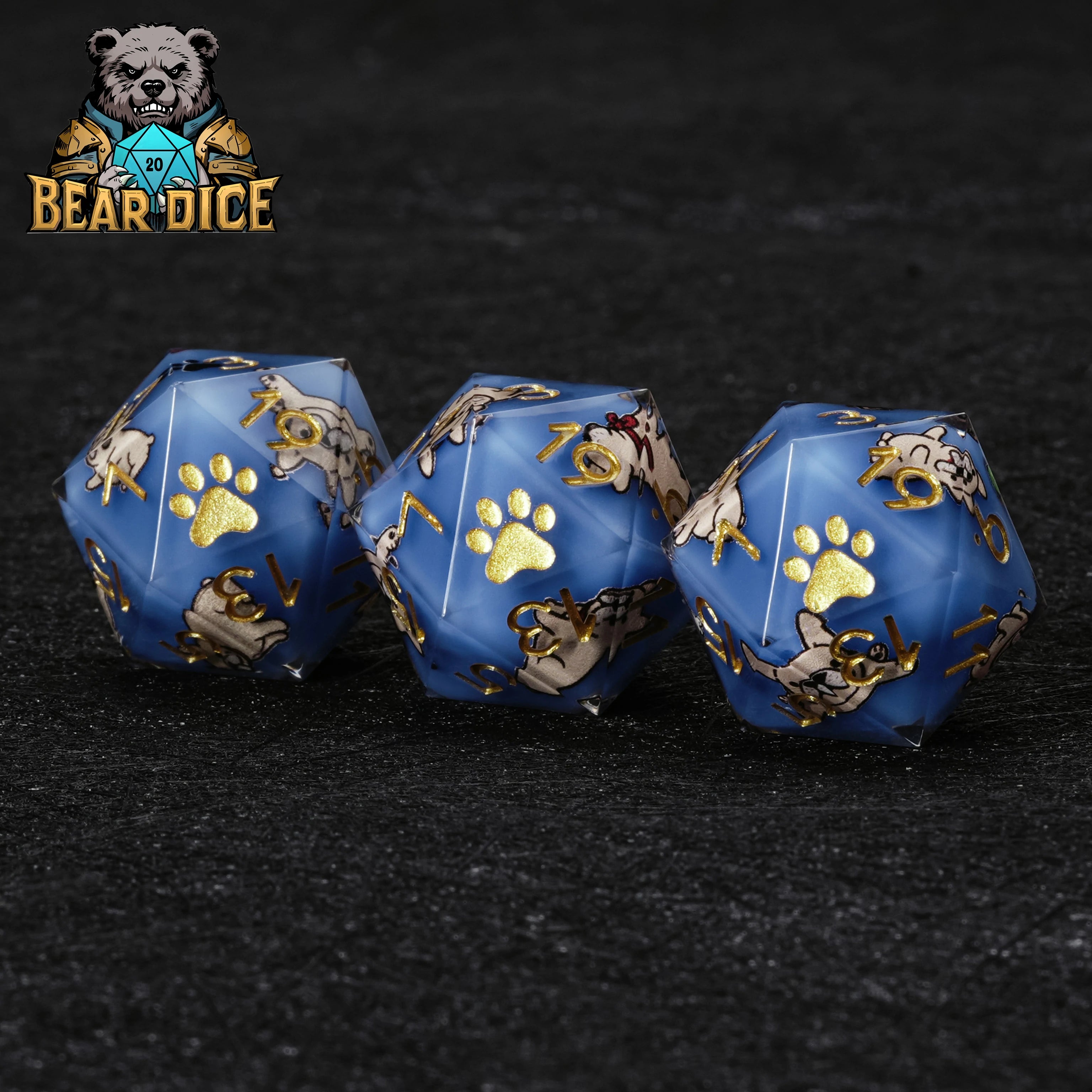Bulldog Blue Resin DND Dice Set | Sharp-Edge French Bulldog D&D Polyhedral Dice | Bear Dice