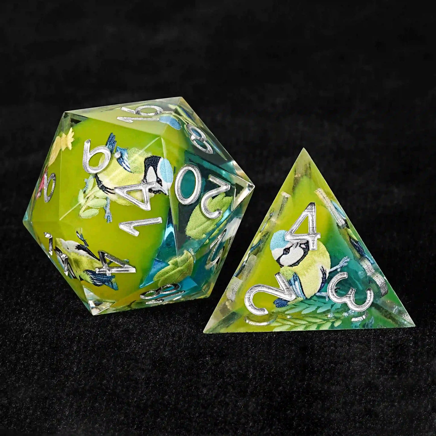 Green Bird Element Clear Resin DND 20 Sided Dice + D4 Dice | Bear Dice