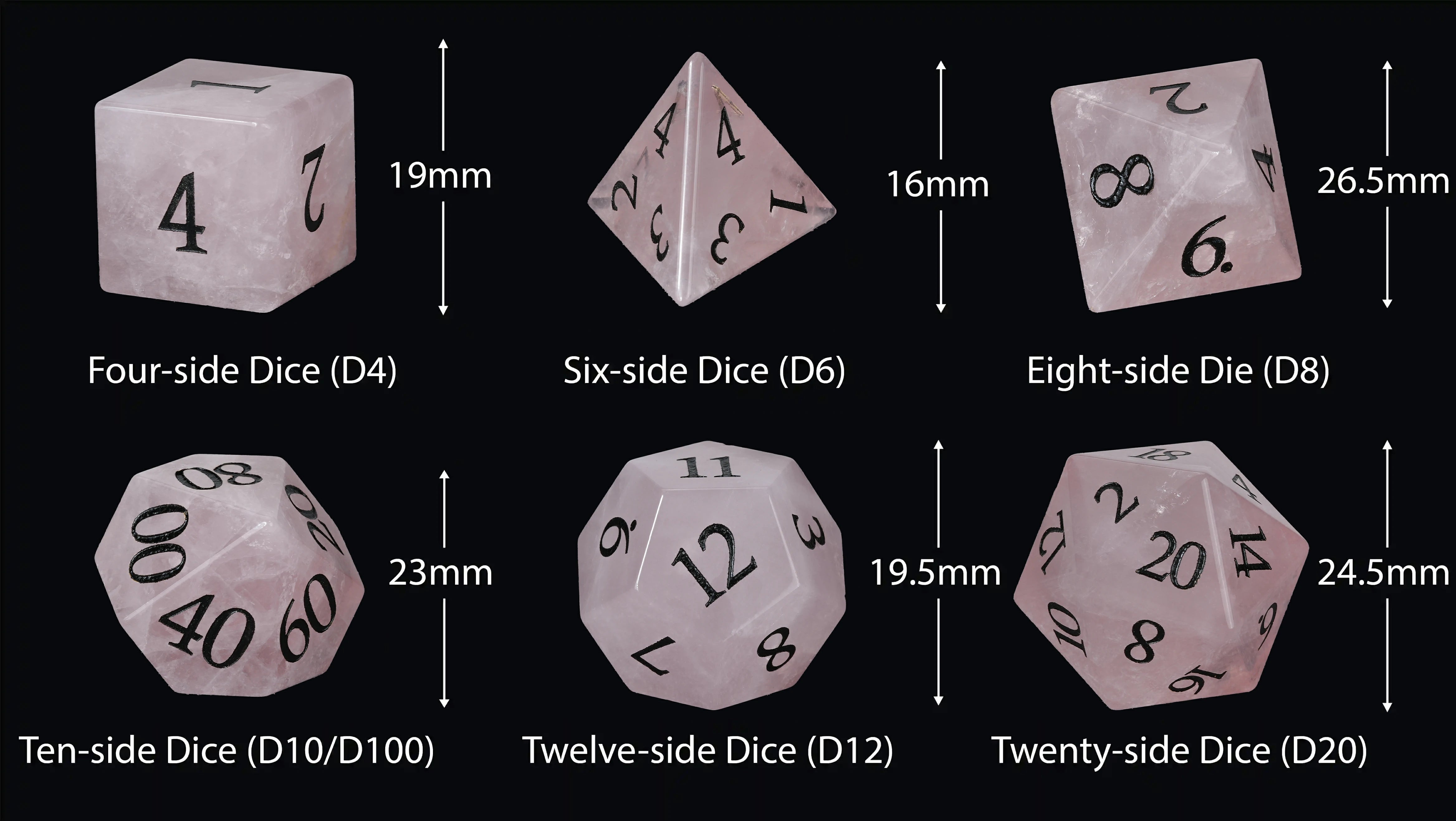 Rose Quartz Multi-Faceted Gemstone Dice Set with Black Numbers