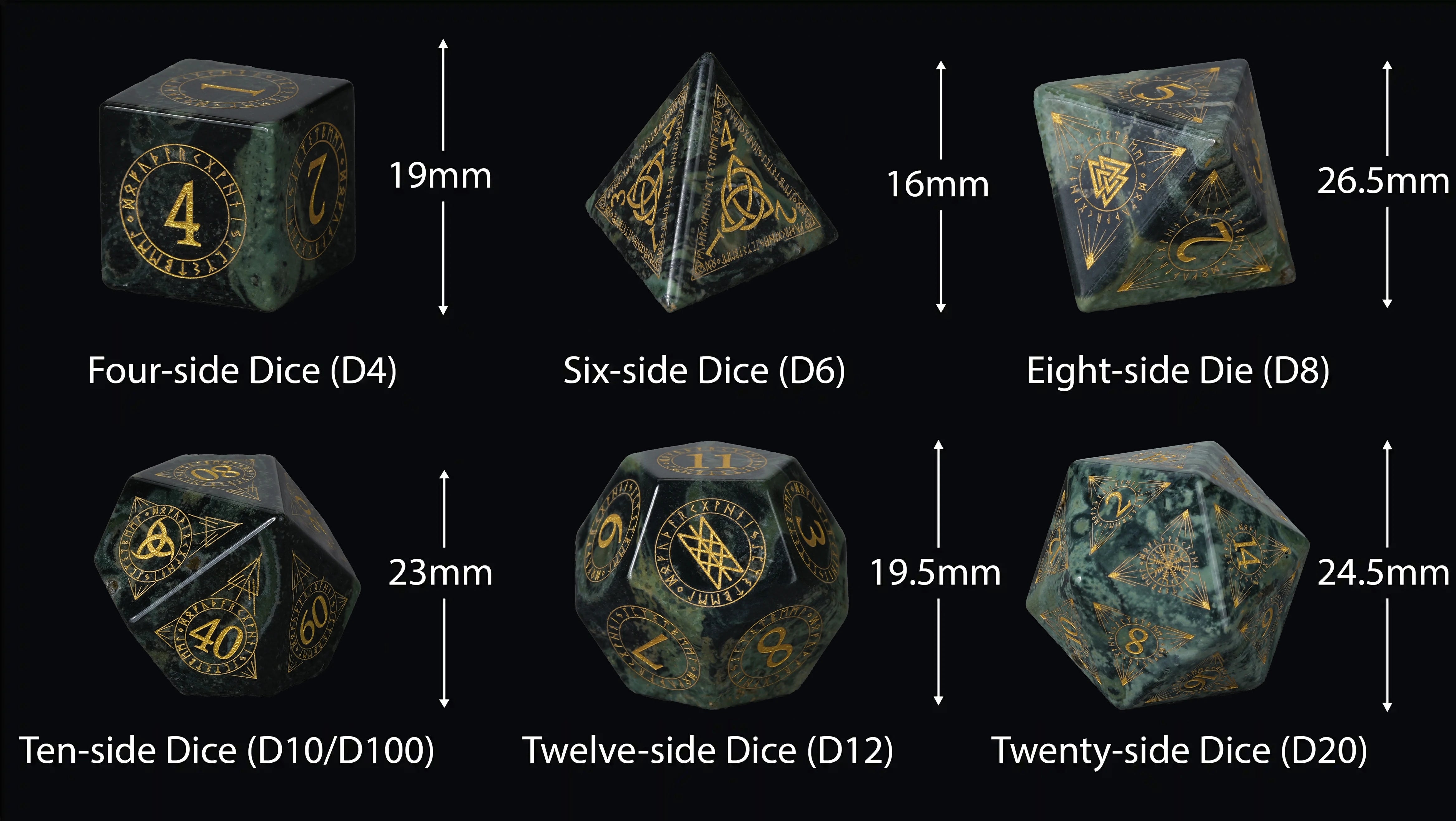 Moss Green Gemstone Dice Set with Mystical Rune Magic Circle