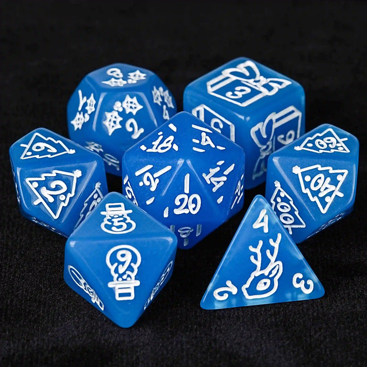 Blue Christmas Theme Acrylic DND Dice Set + White Runes | Bear Dice