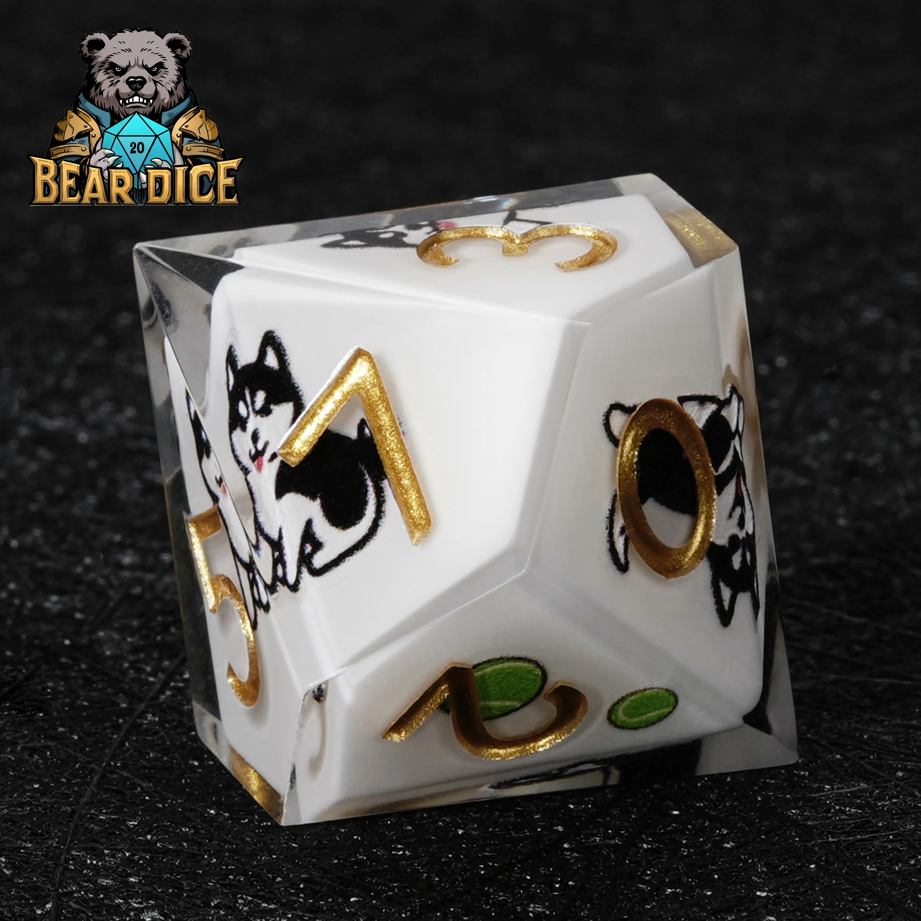 Husky White Resin DND D10 Dice | Sharp-Edged Polyhedral RPG Die with Husky Art