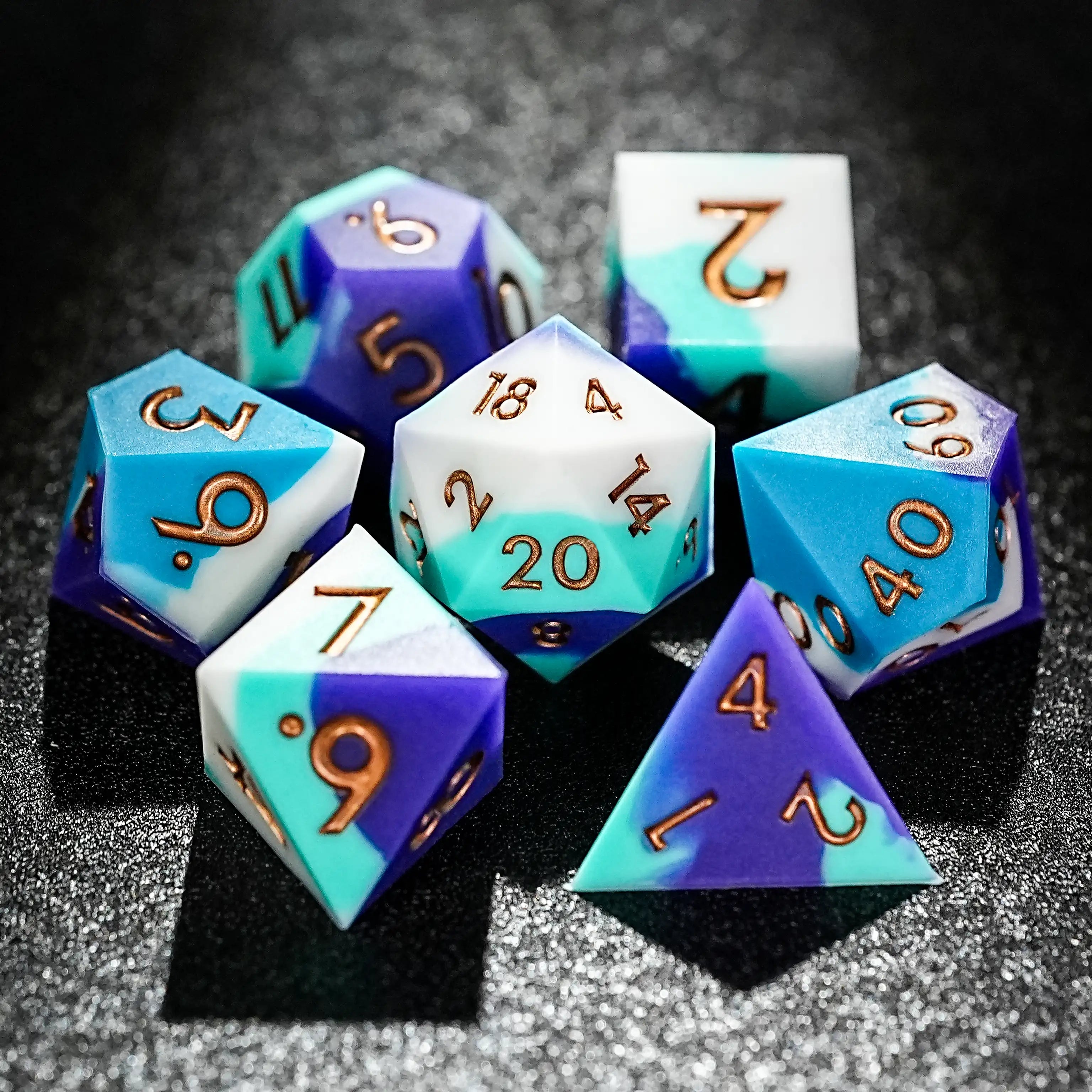 White, blue, purple silicone polyhedral RPG dice set + glod numbers | Bear Dice