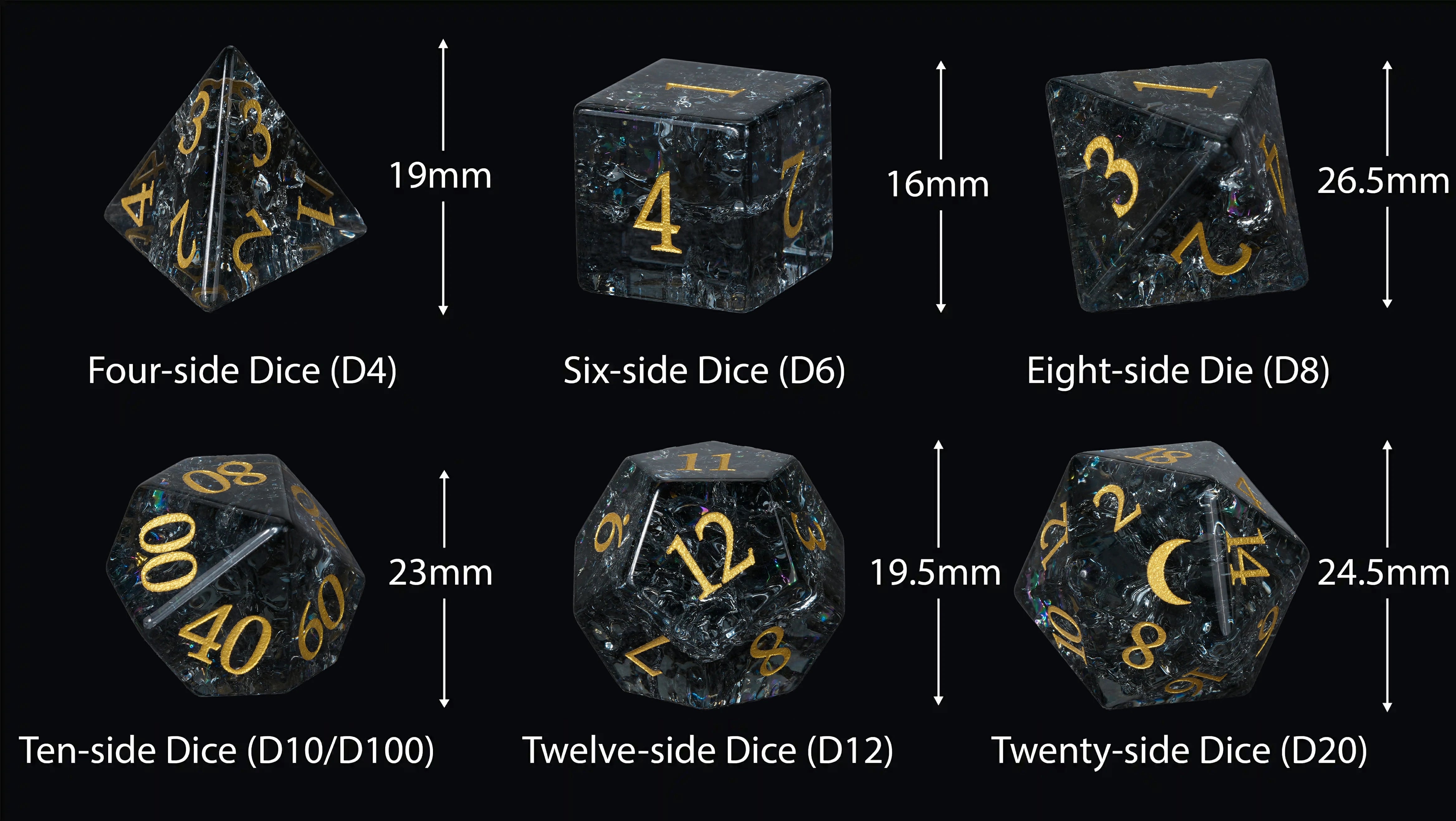 Translucent Black Crackle-Effect Multi-Faceted Gemstone Dice