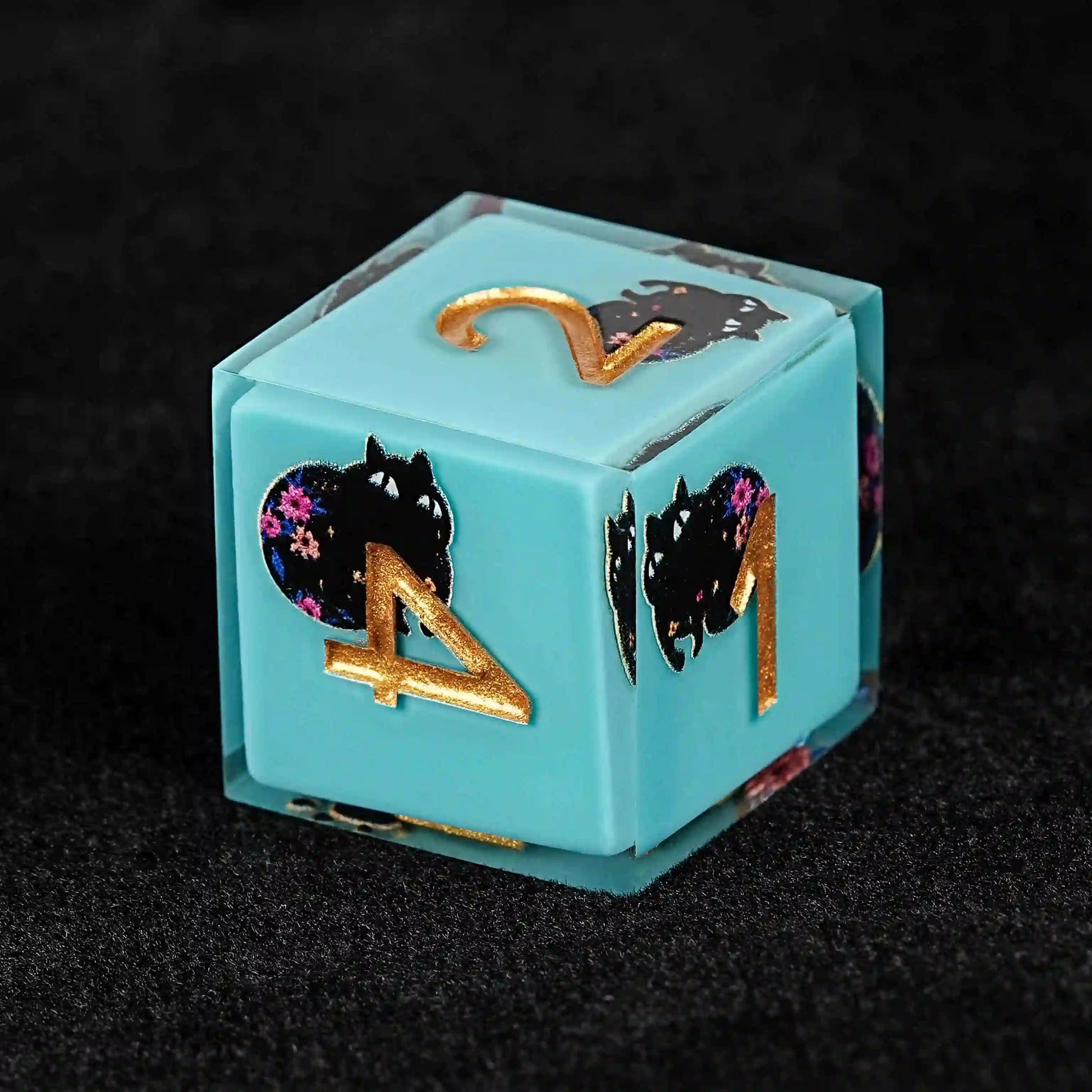 Handmade unique dice sets: Egyptian Pharaoh's black cat flower resin edge sharp dnd d6 dice + gold font | Bear Dice