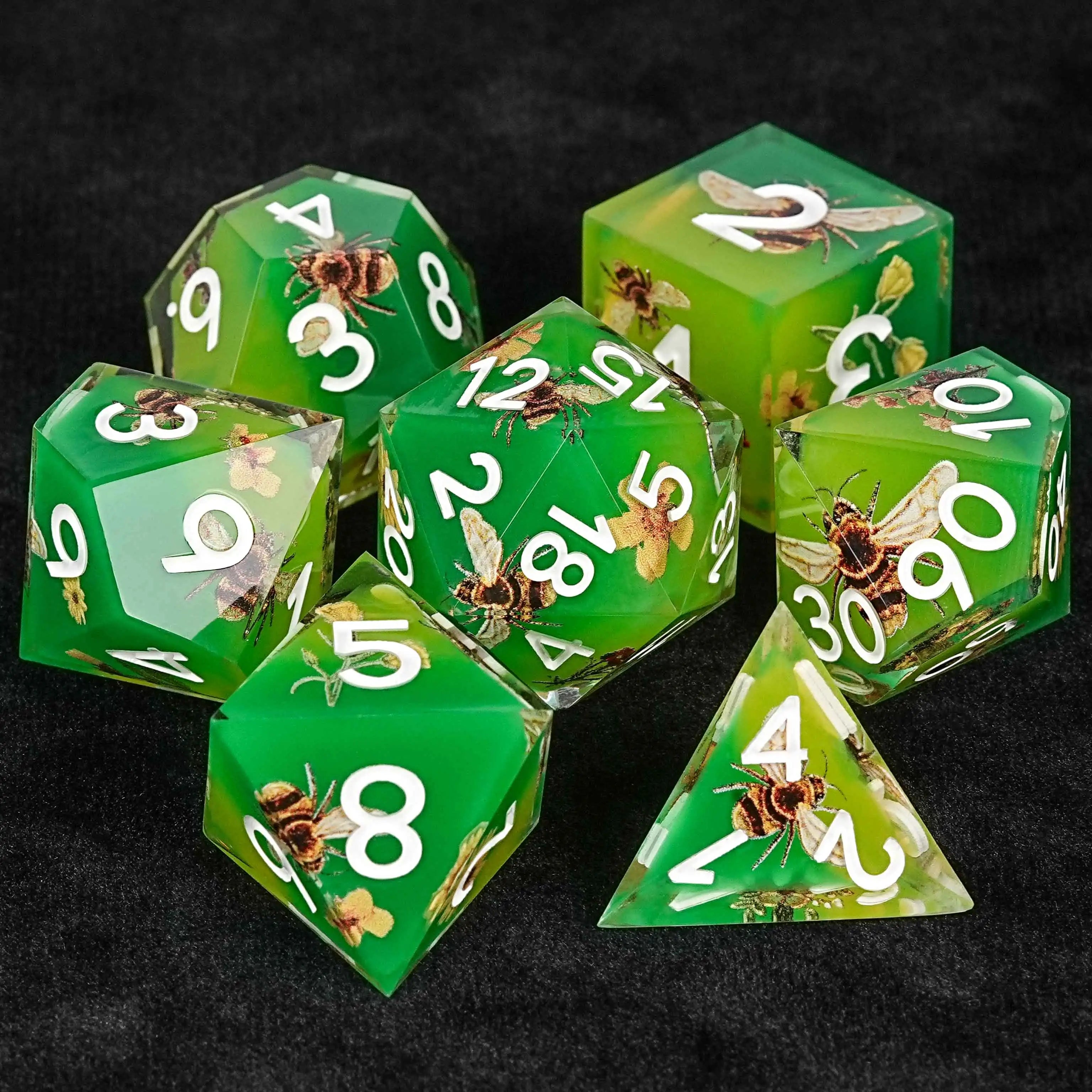 Bees Collecting Honey from Flowers Yellow-Green Resin RPG Dice Set + White Font | Bear Dice