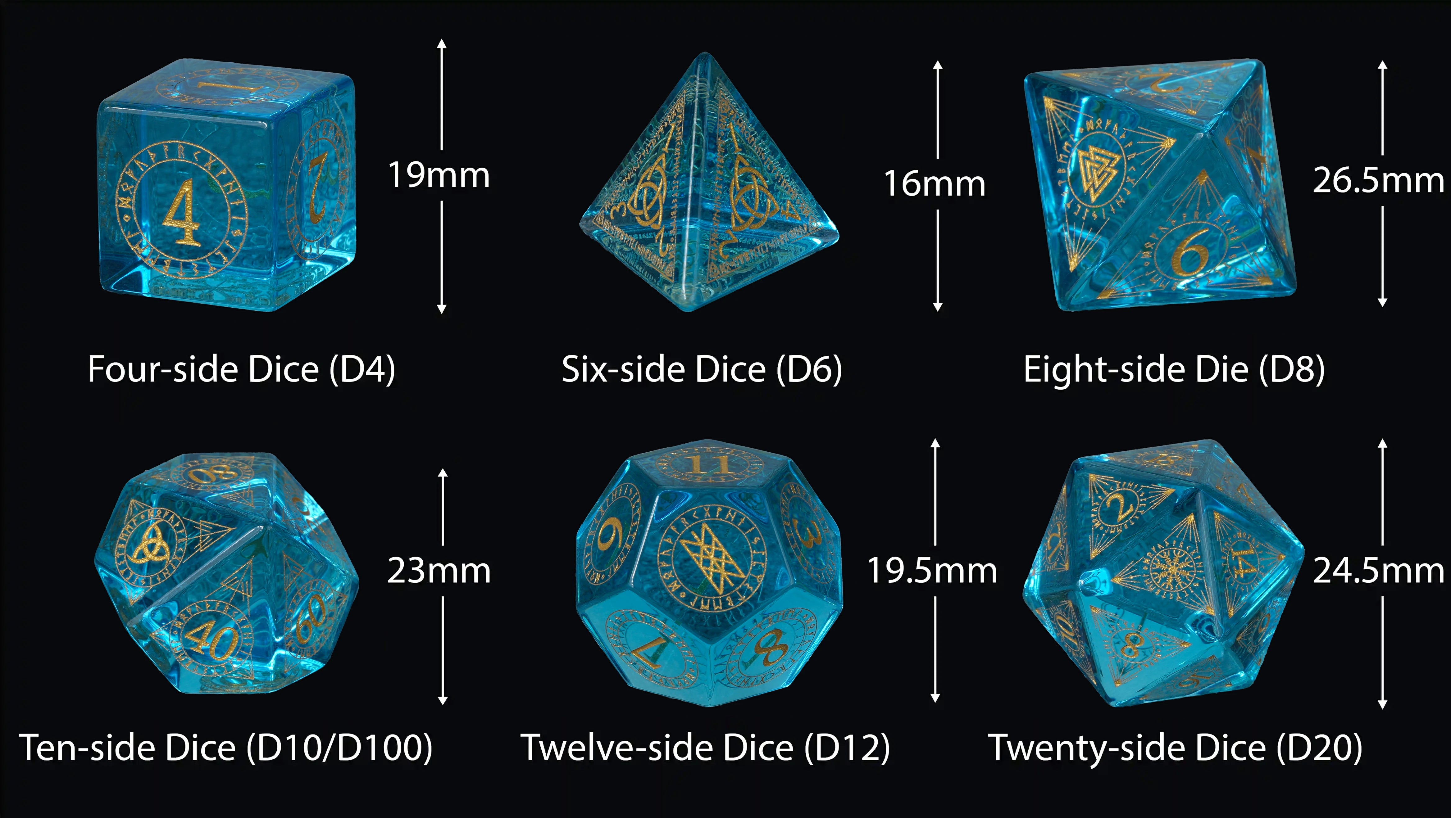 Ice Blue Glass Dice Set with Mystical Rune Magic Circle