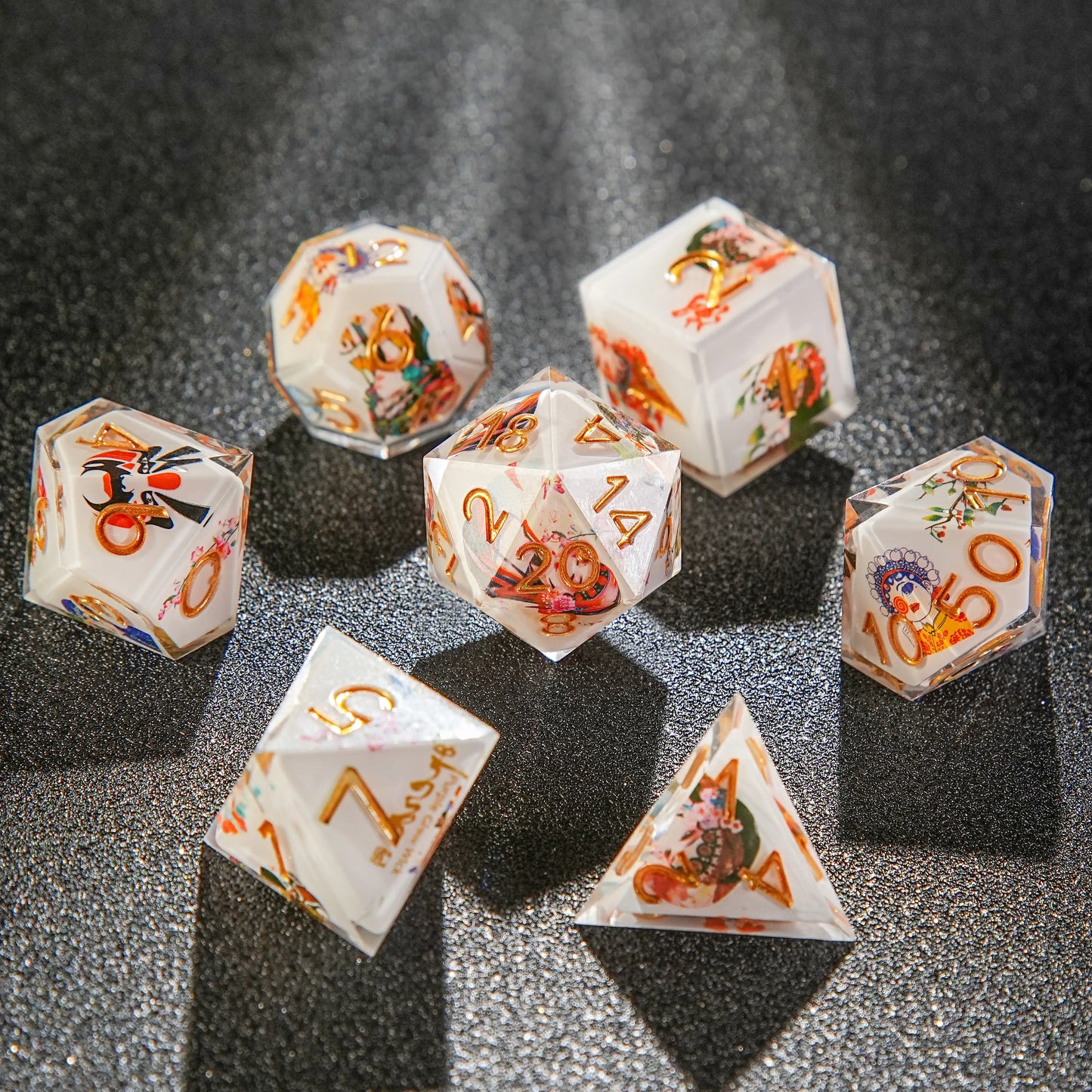 Chinese Style Elements-Peking Opera White Resin Dice Set + Gold Numbers | Bear Dice