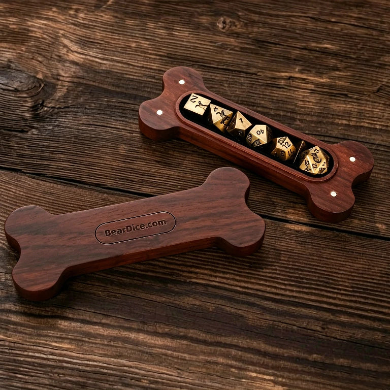 A walnut wood DND dice box shaped like a dog bone, capable of holding a set of metal dog dice | Bear Dice