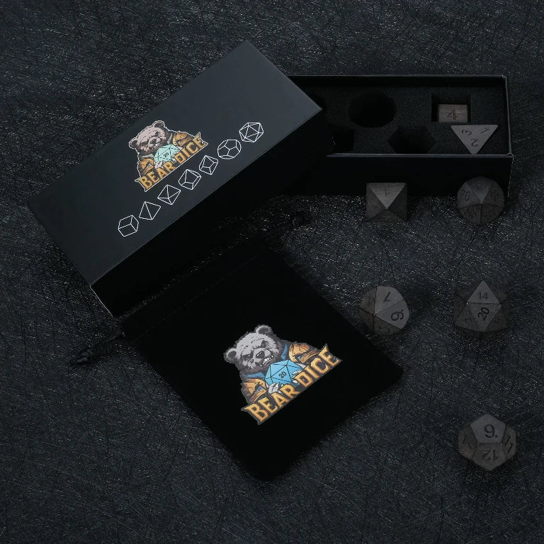 African Blackwood Dice Set, includes a black velvet drawstring dice bag and a black dice box | Bear Dice