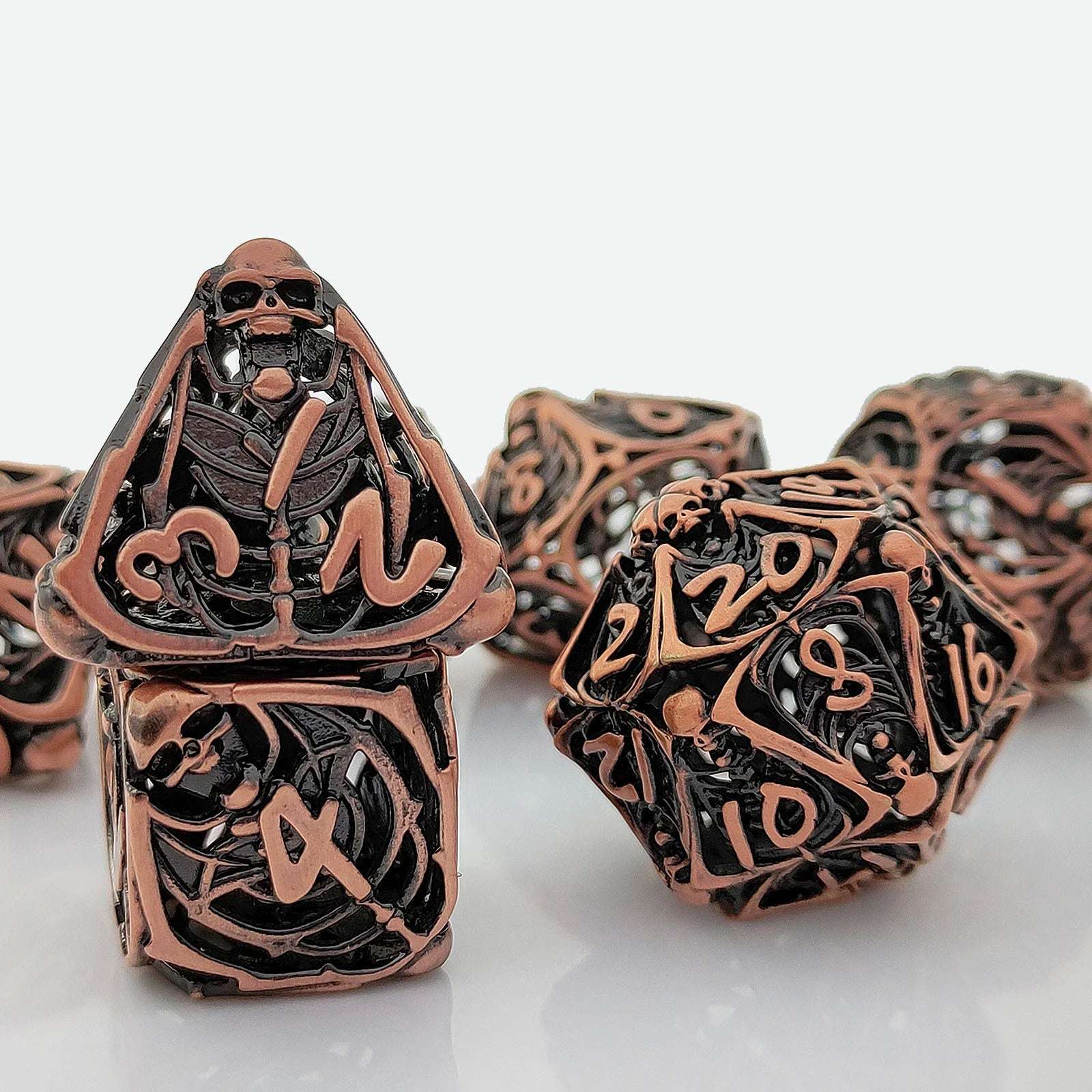 Ancient Red Copper Necromancer Metal Skull DND Dice Set - d4, d6, d20 | Bear Dice