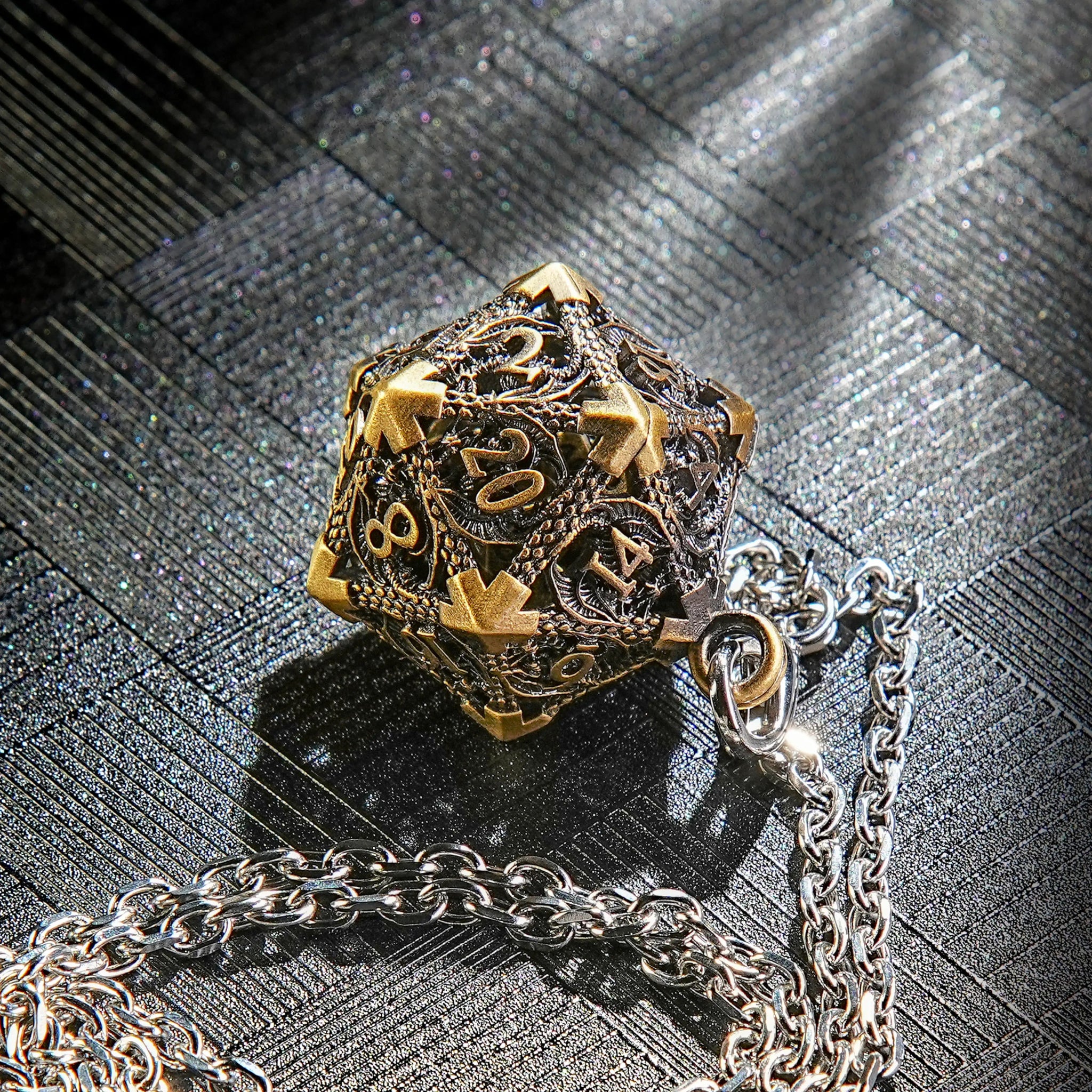 Antique Copper Metal Hollow D20 Dice Cage Necklace + DND Mini Metal Dice Set | Bear Dice
