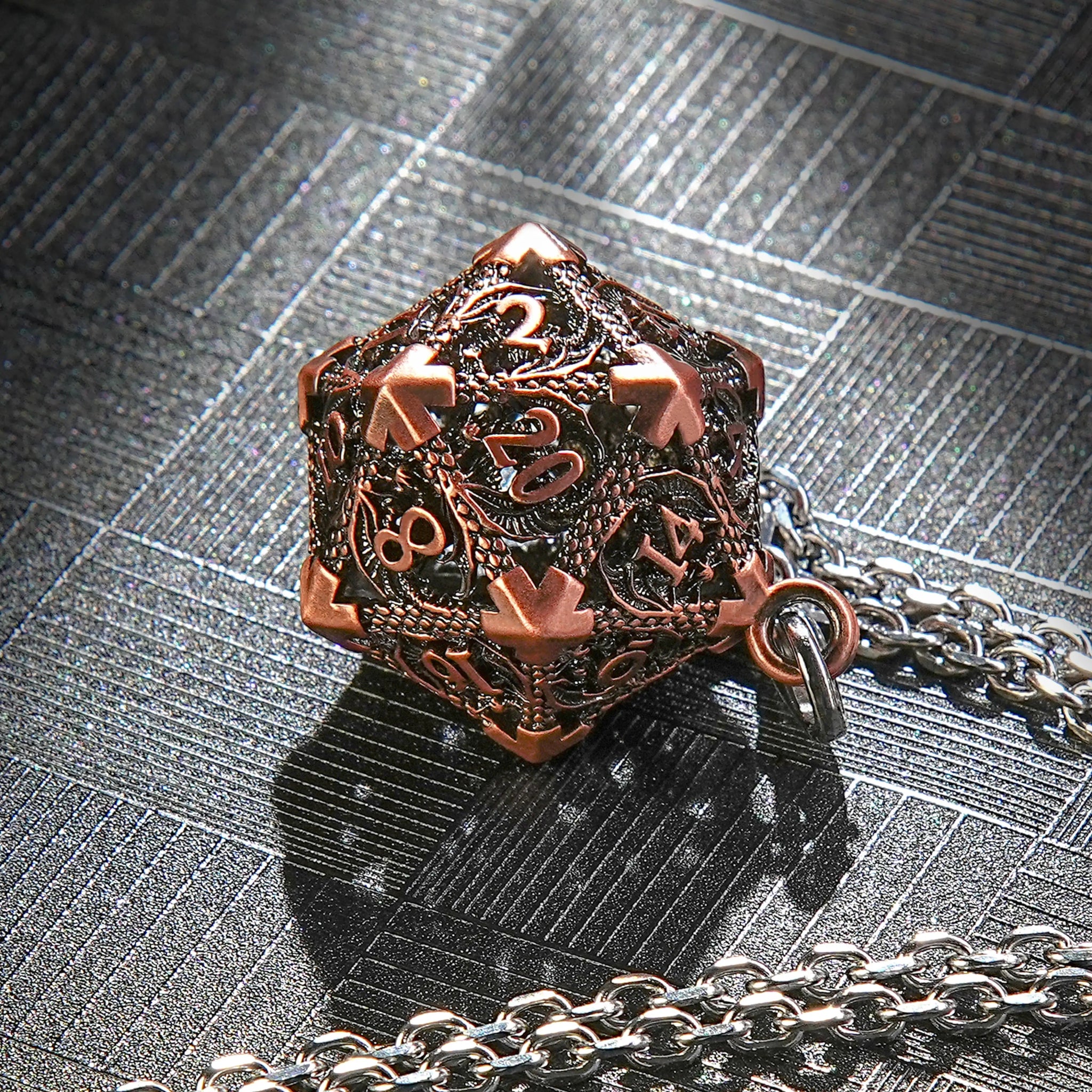 Antique Copper Metal Hollow D20 Dragon Dice Cage Necklace + DND Mini Metal Dice Set | Bear Dice