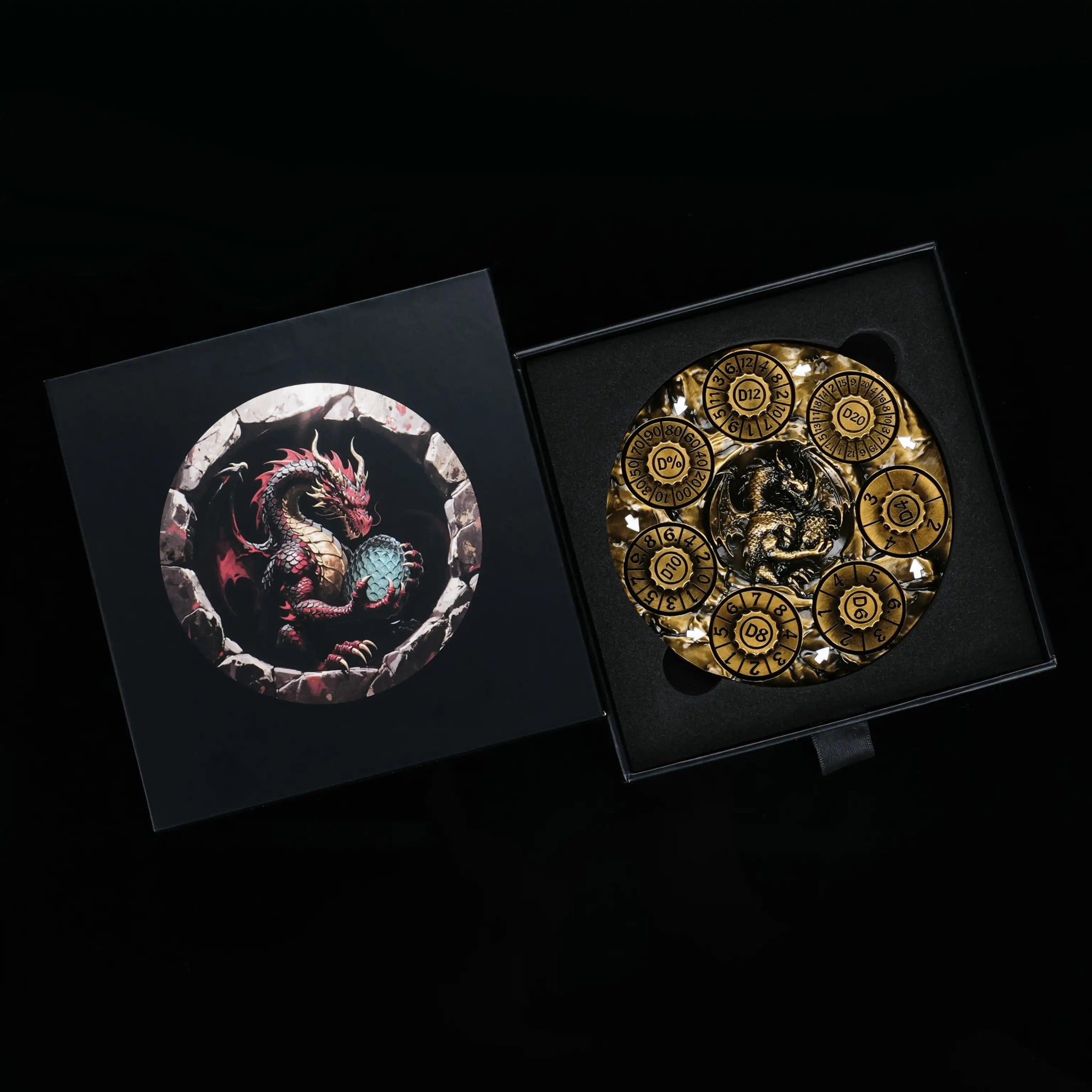 Unique Dice Spinner: Antique Gold 7-in-1 Metal 3D Embossed Dragon DND Spinner Dice, comes with a dedicated black dice case | Bear Dice