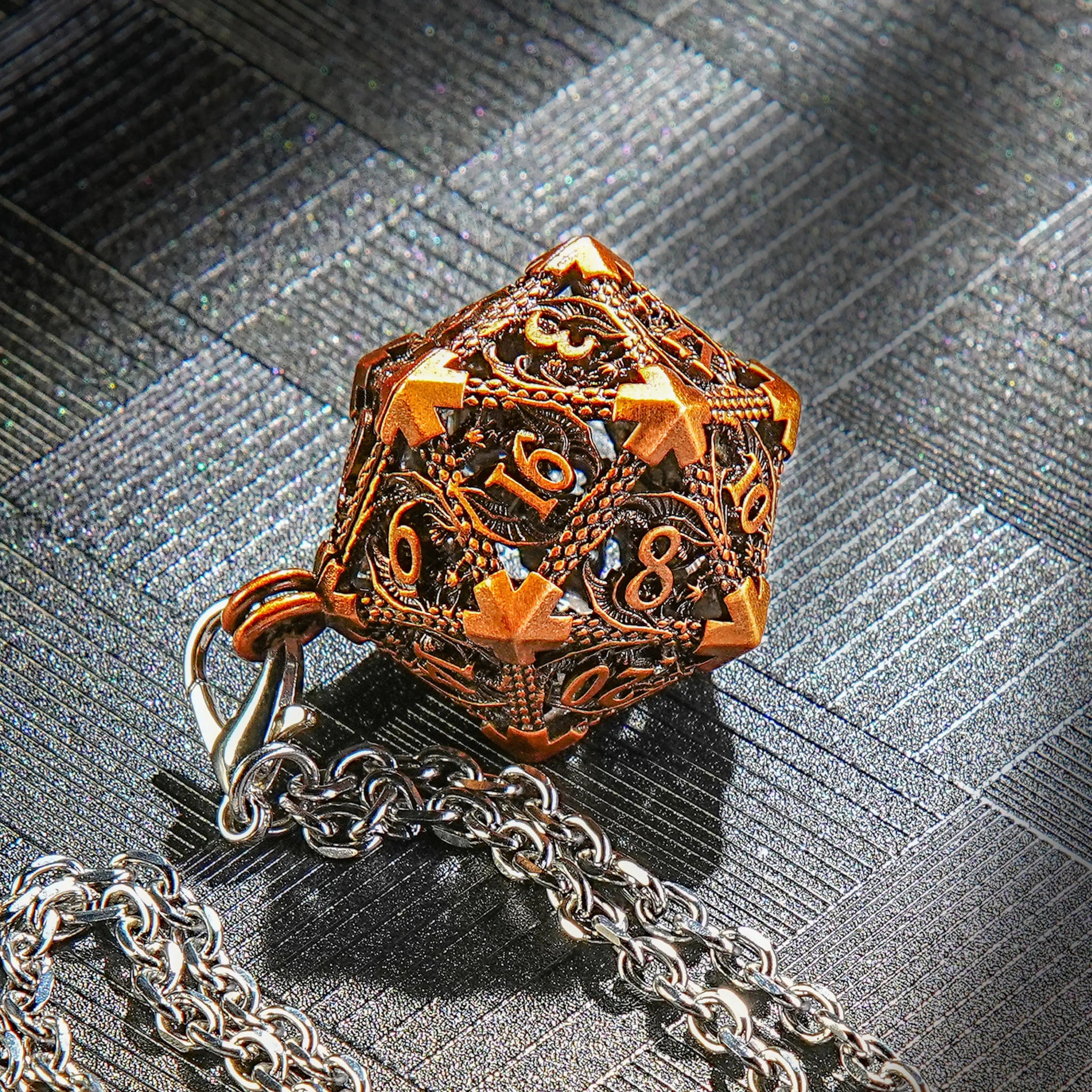 Antique Gold Metal Hollow D20 Dice Cage Necklace + DND Mini Metal Dice Set | Bear Dice