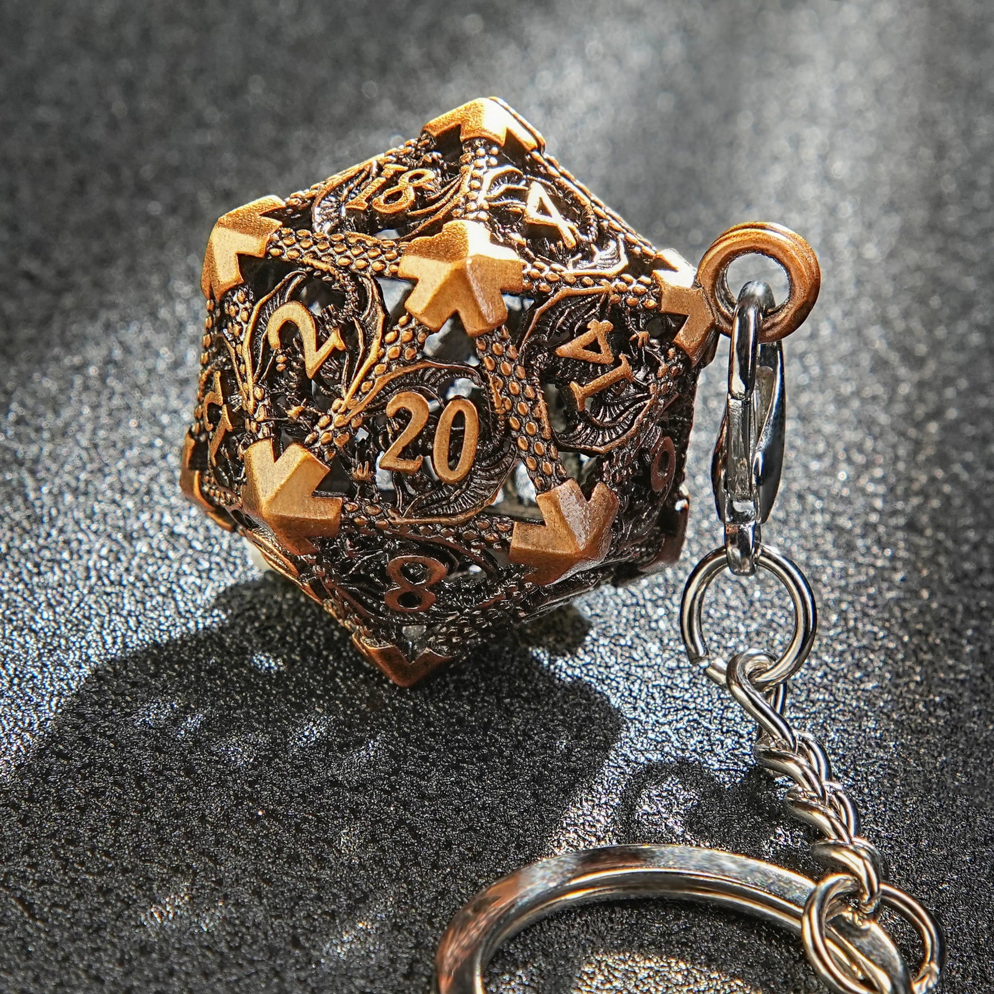 Antique Gold Metal Hollow D20 Dragon Dice Cage Keychain | Bear Dice