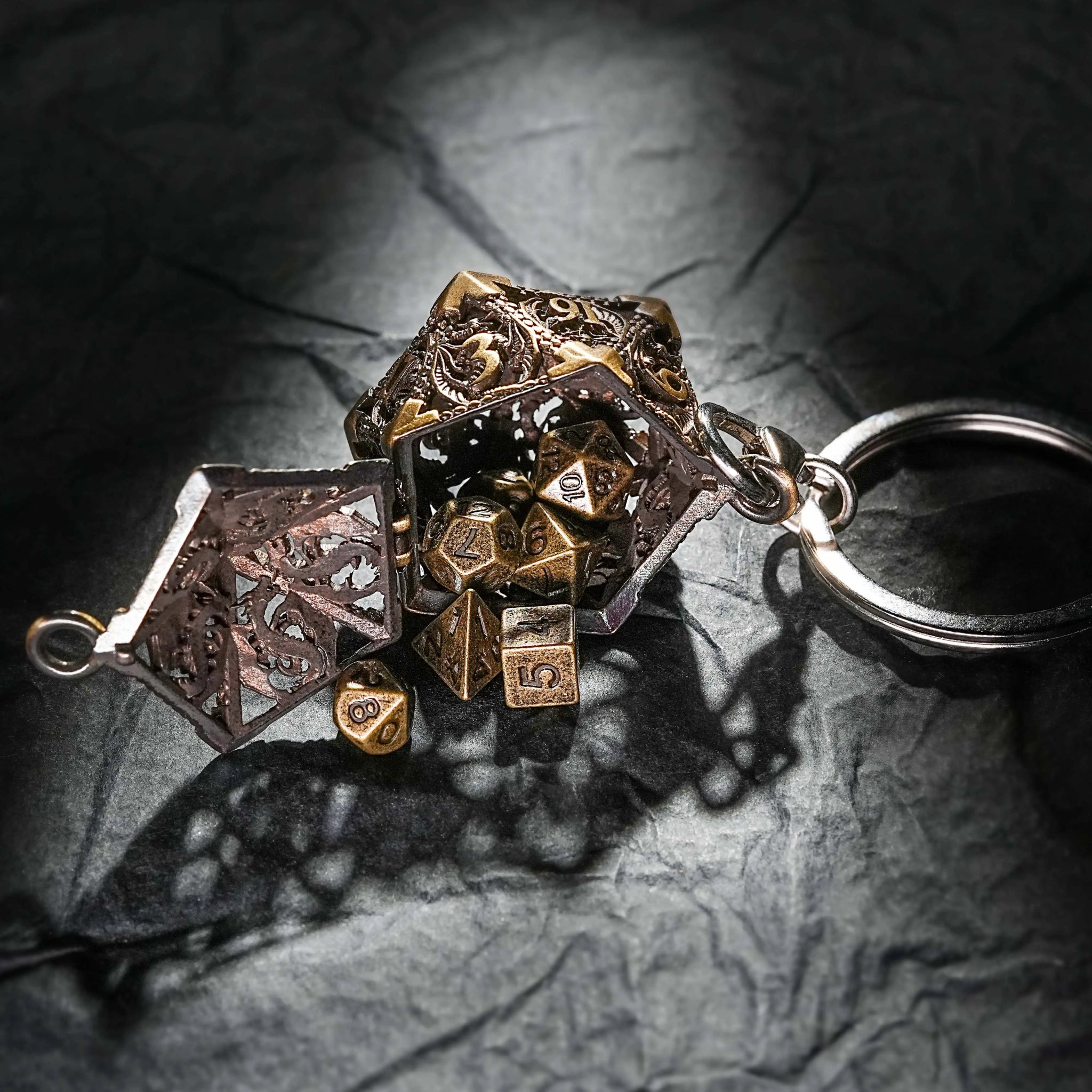 Antique Gold Metal Hollow D20 Dragon Dice Cage Keychain + Antique Gold DND Mini Metal Dice Set | Bear Dice