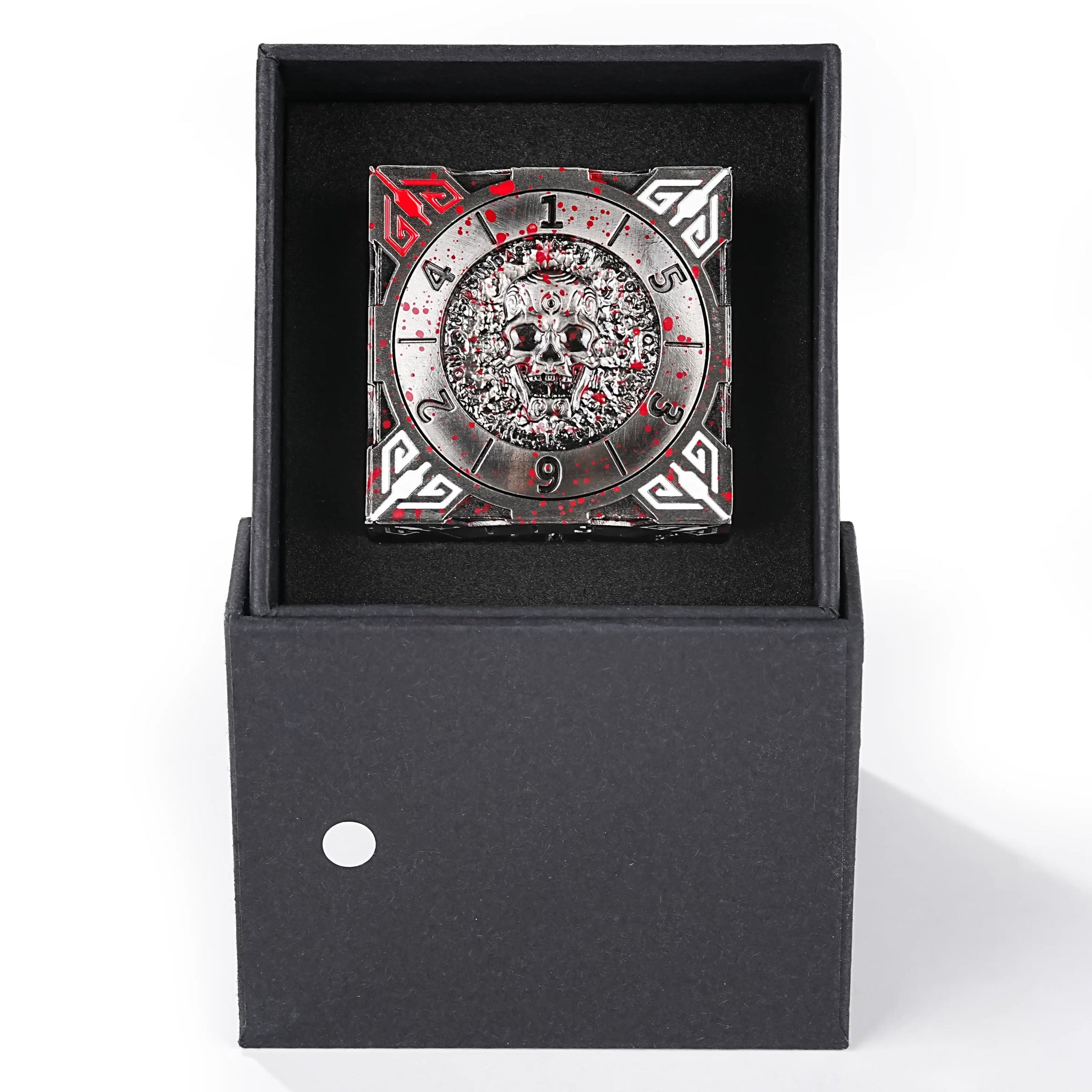 Cool Tabletop Gaming Spinner Dice: Antique Nickel 7-in-1 Solid Metal "Blood Splatter" DND D6 Spinner with Black Dice Box | Bear Dice