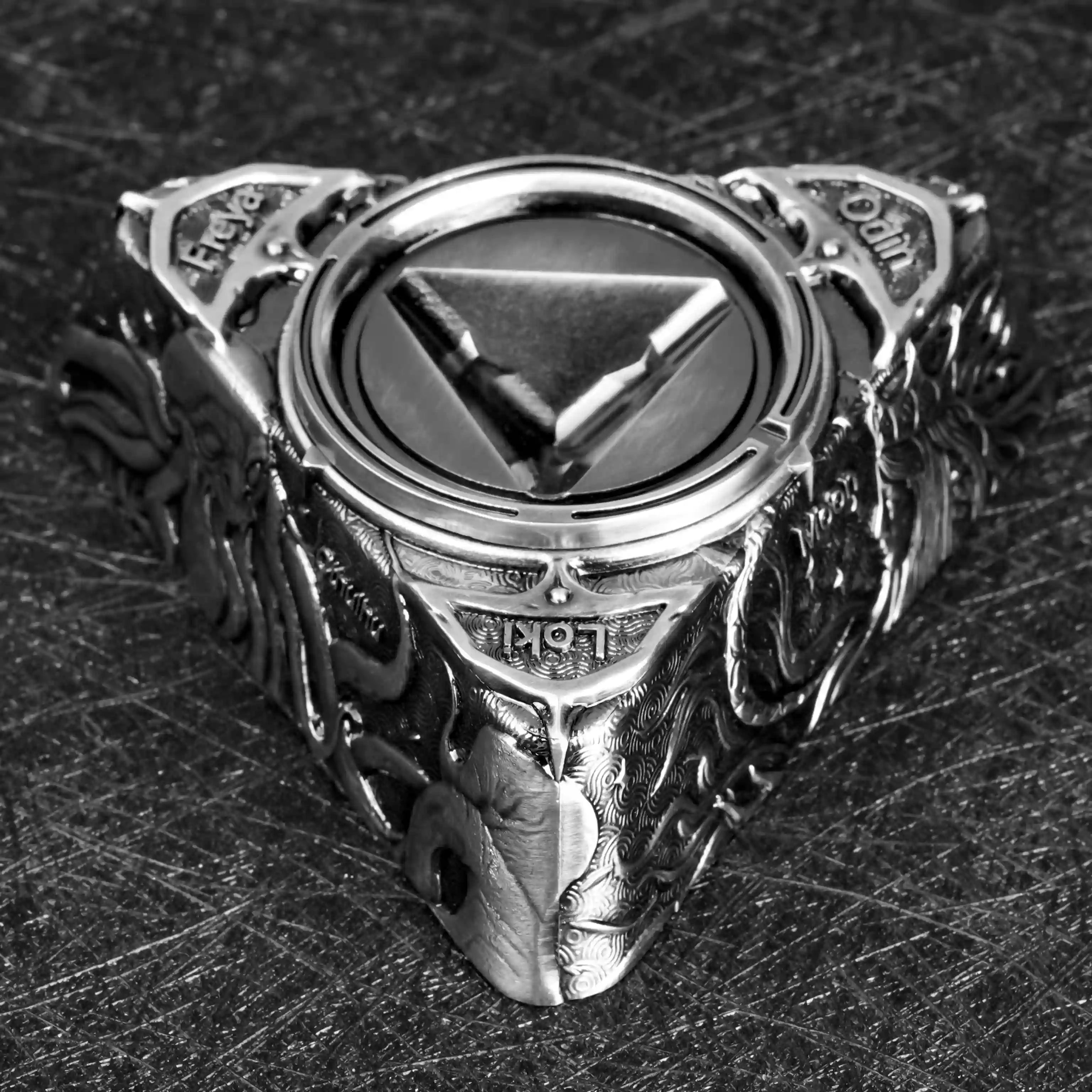 Antique Nickel D6 Spinning Base, with Loki, Odin, and Freya engraved on the base | Bear Dice