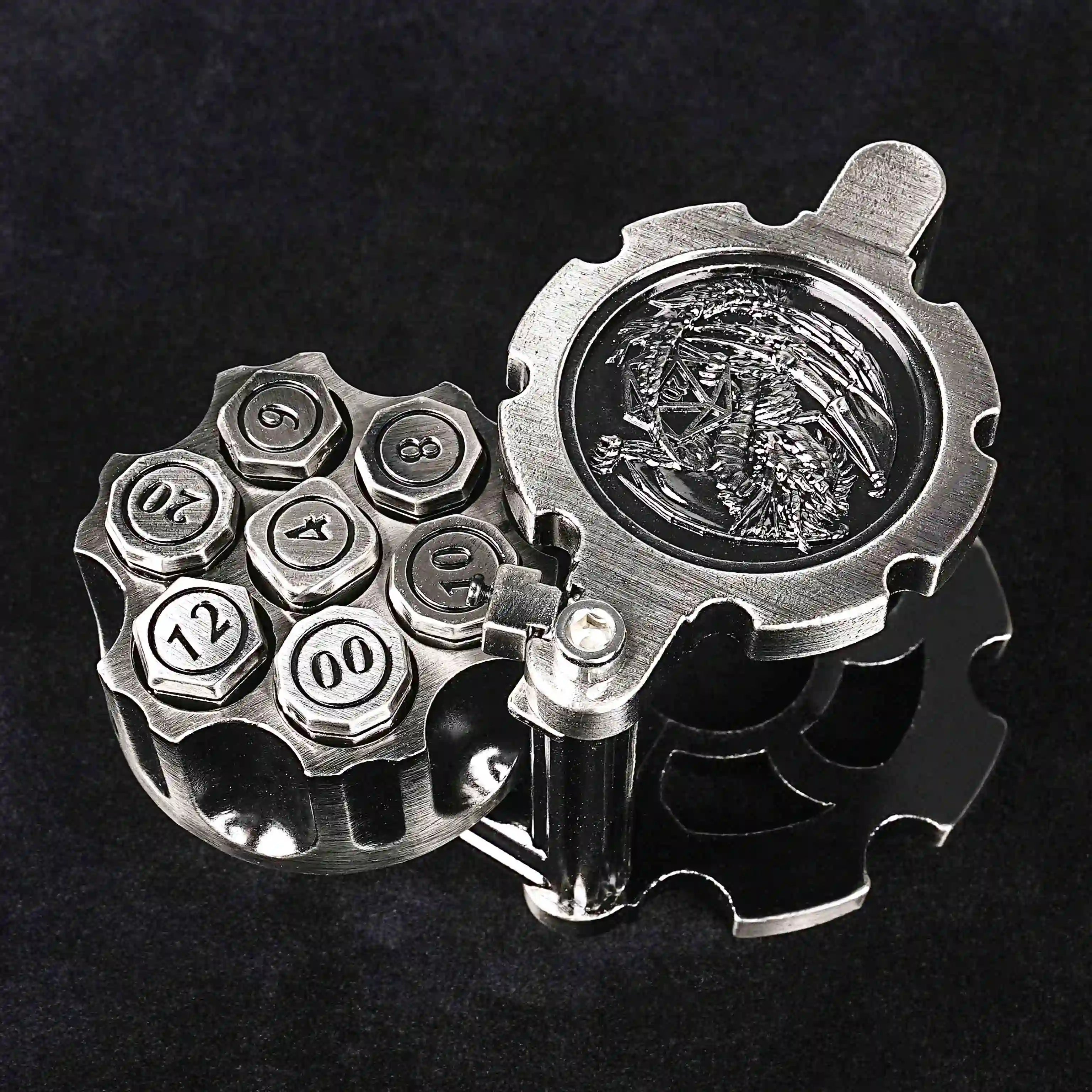 Antique nickel revolver with Dungeons & Dragons logo engraved on it with 7 dnd bullet dice in the magazine | Bear Dice