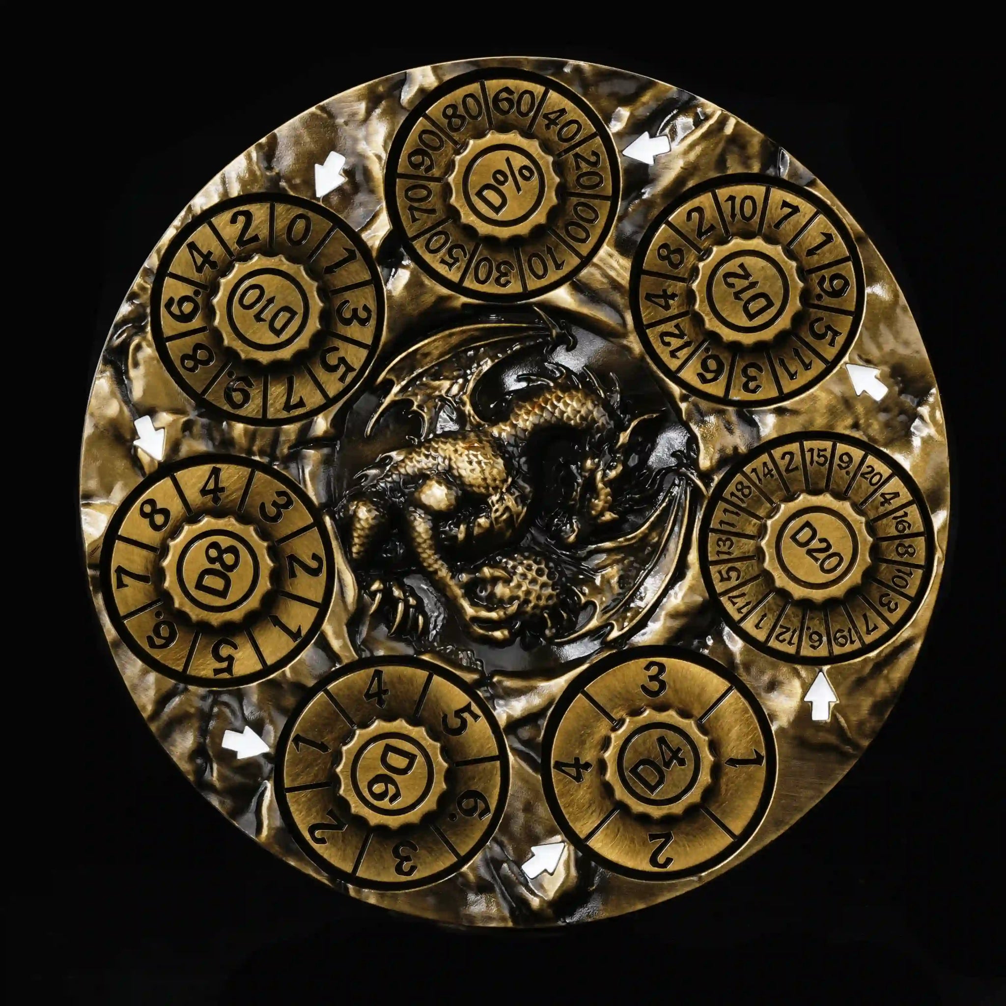 Unique Dice Spinner: Antique gold 7-in-1 metal 3D embossed dragon DND spinning wheel dice, black numbers | Bear Dice