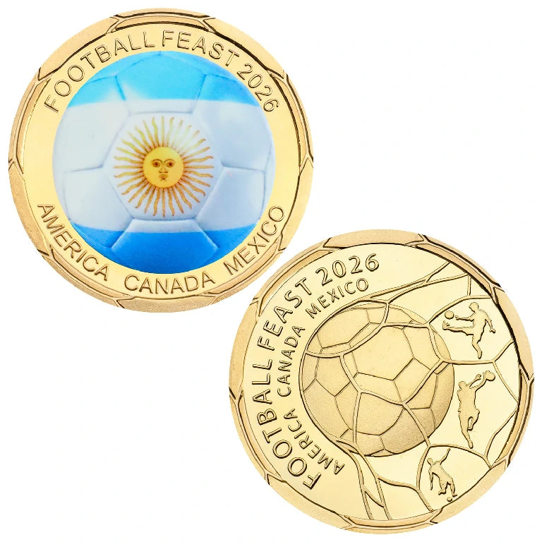 Argentina World Cup Flag Metal Coin – Features the Argentine flag on the front and a 2026 World Cup football design on the back | Bear Dice