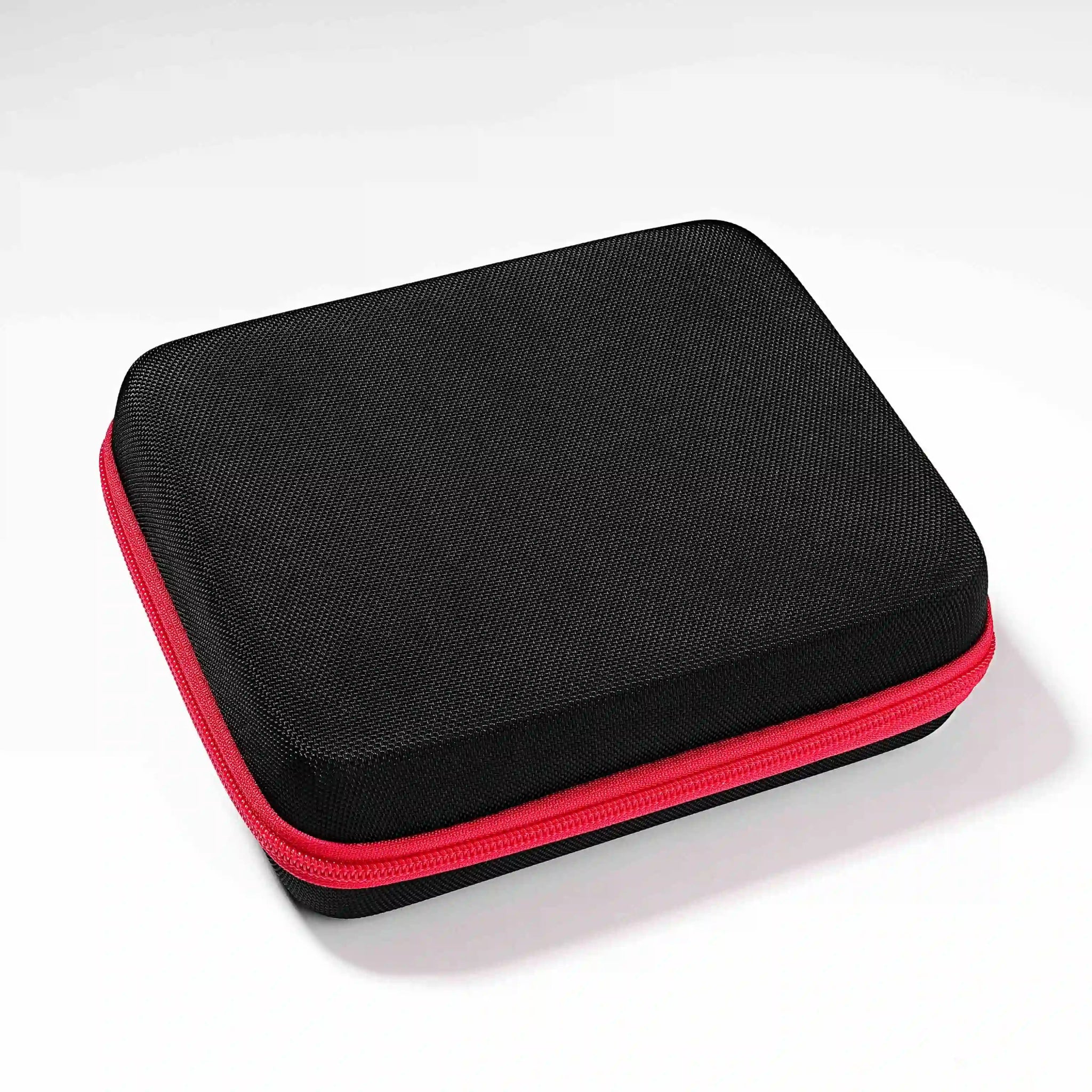 Black DND dice box with double red zipper, holds 10 dice sets | Bear Dice