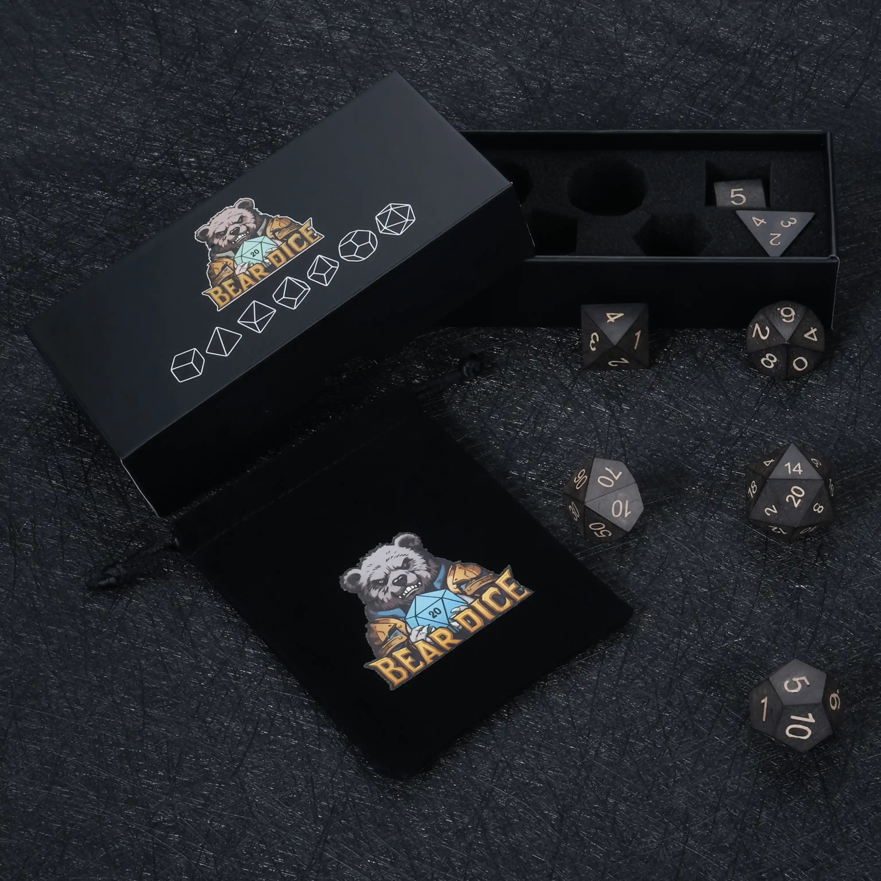 Black Ebony Wood Dice Set, includes a black velvet drawstring dice bag and a black dice box | Bear Dice