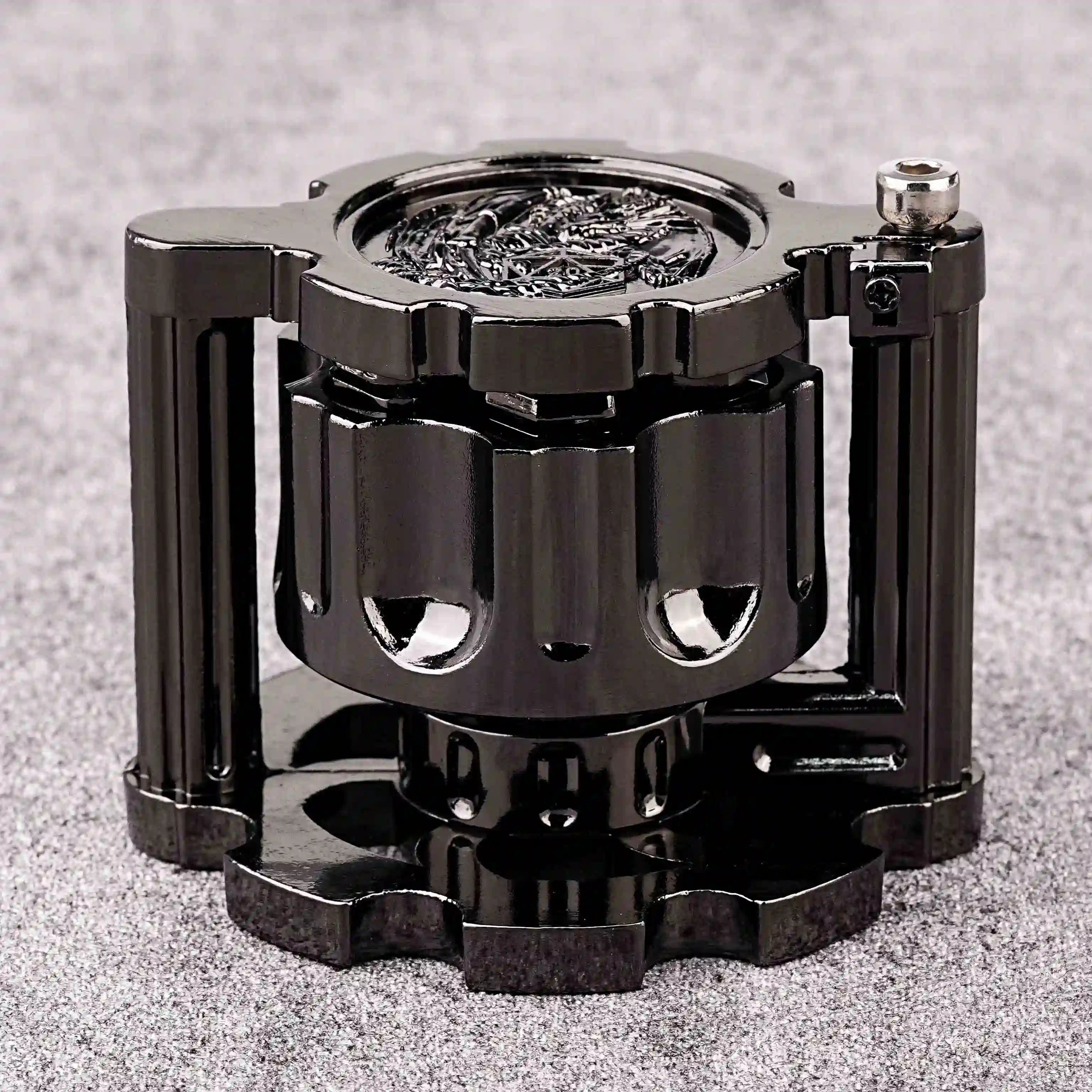 Unique Revolver Dice Set: Black revolver cylinder container contains 7 cool solid metal dnd bullet dice | Bear Dice