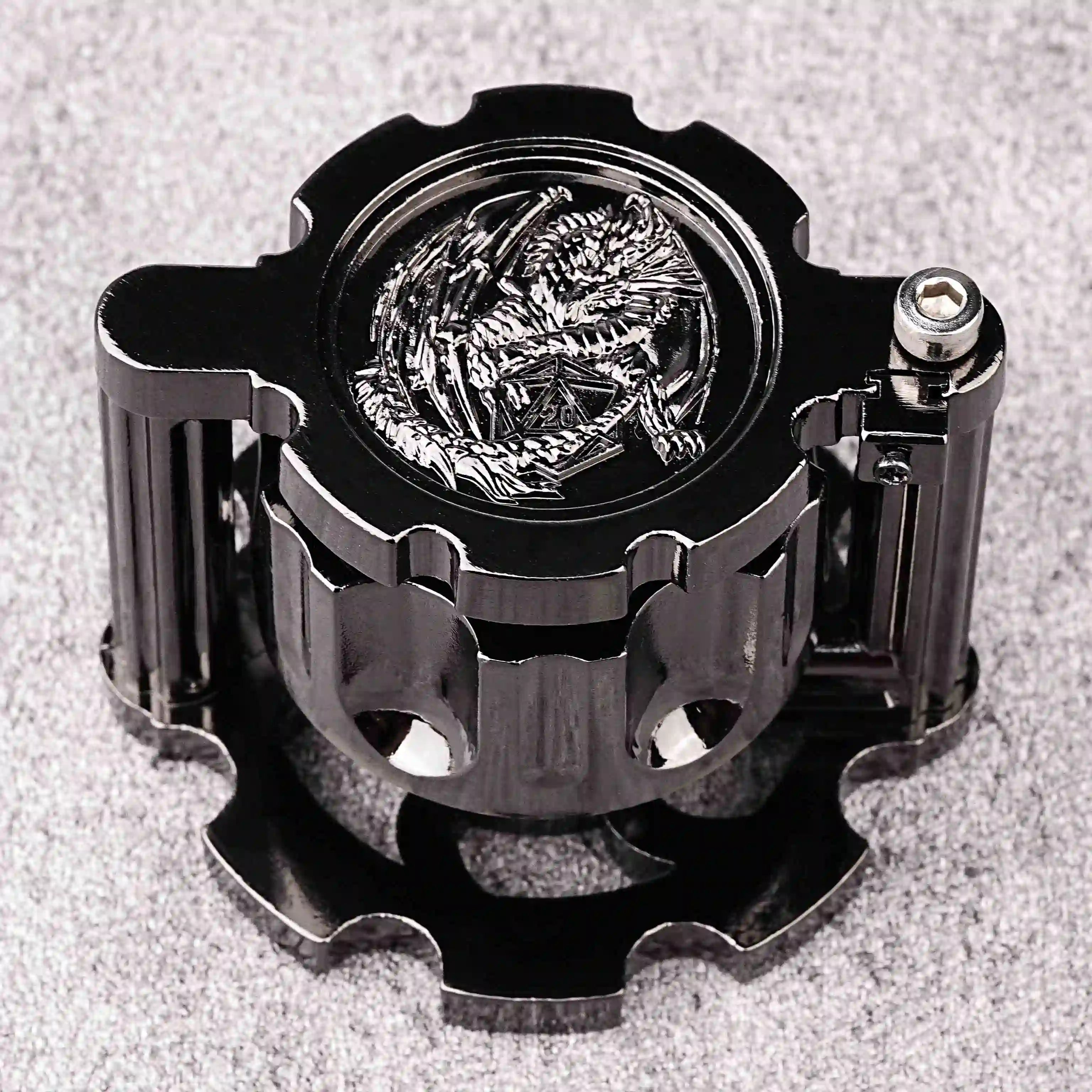Unique Revolver Dice Set: Black revolver cylinder container contains 7 cool solid metal dnd bullet dice set | Bear Dice
