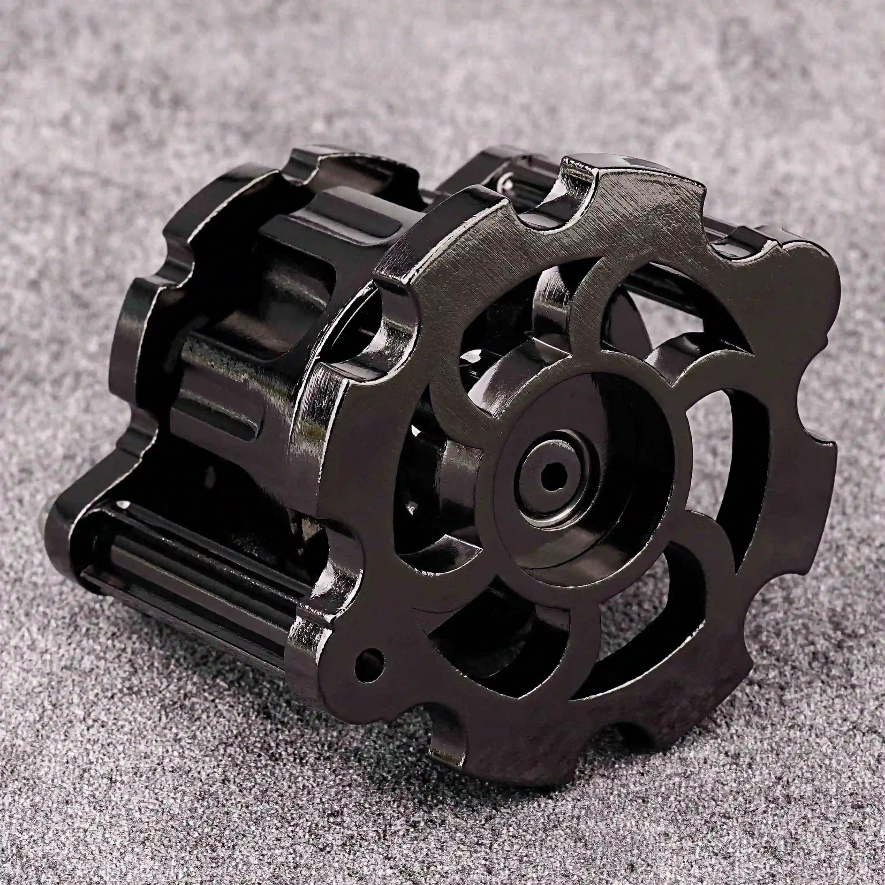 Unique Metal Dice: Black revolver cylinder container contains 7 cool solid metal dnd bullet dice | Bear Dice
