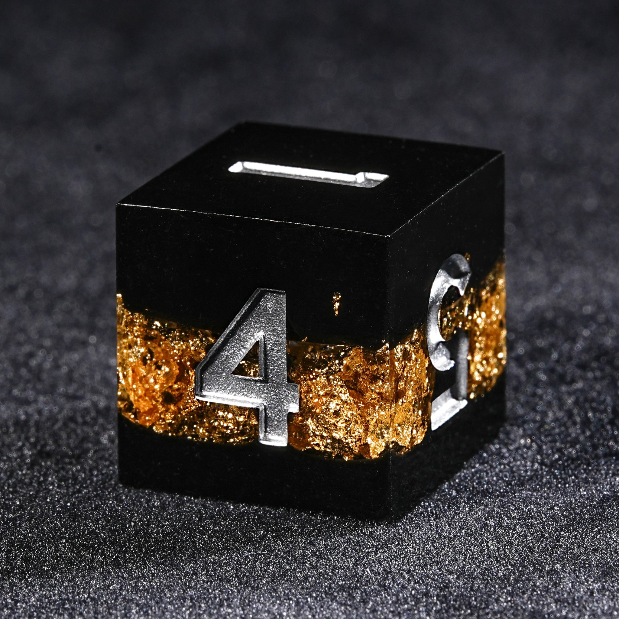 Black gold Galaxy resin DND D6 dice with silver numbers | Bear Dice