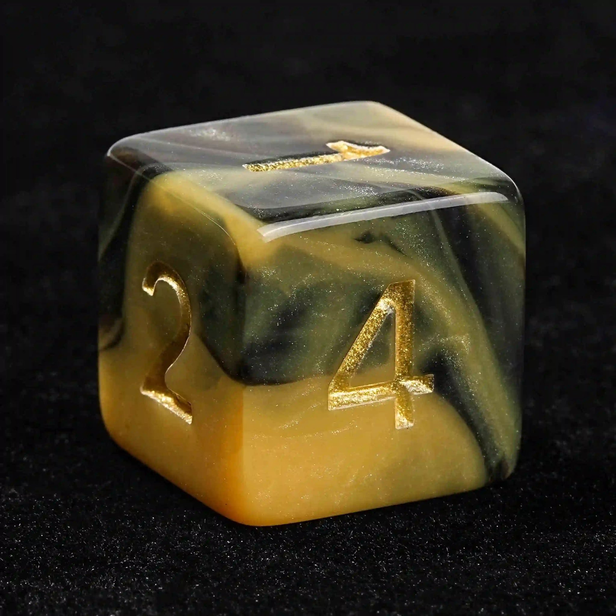 Black and yellow swirl Dungeons & Dragons polyhedron acrylic D6 dice with gold numbers | Bear Dice