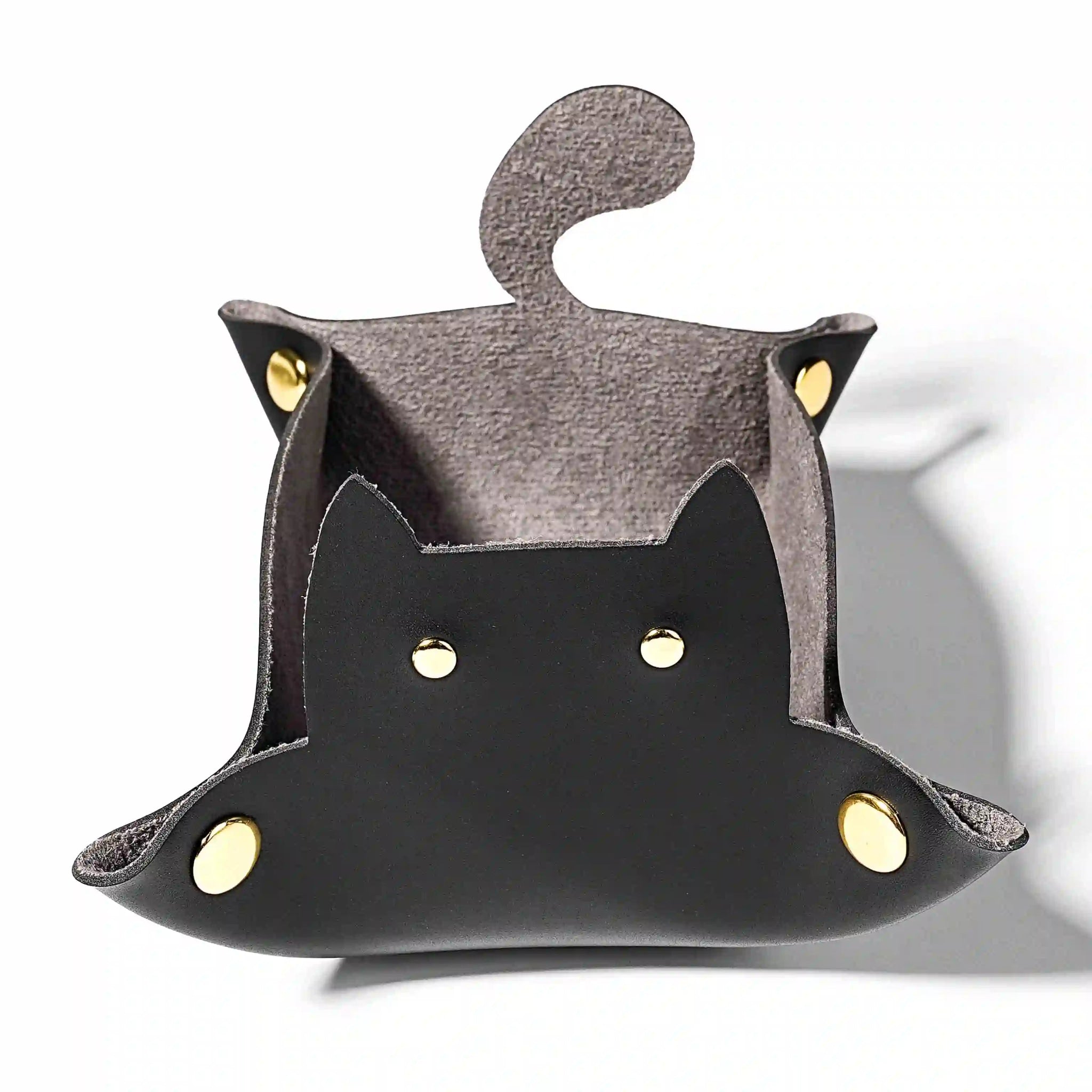 Black leather foldable cat dice tray. Press the gold buttons on the four corners of the cat-shaped dice mat to create a dice enclosure | Bear Dice