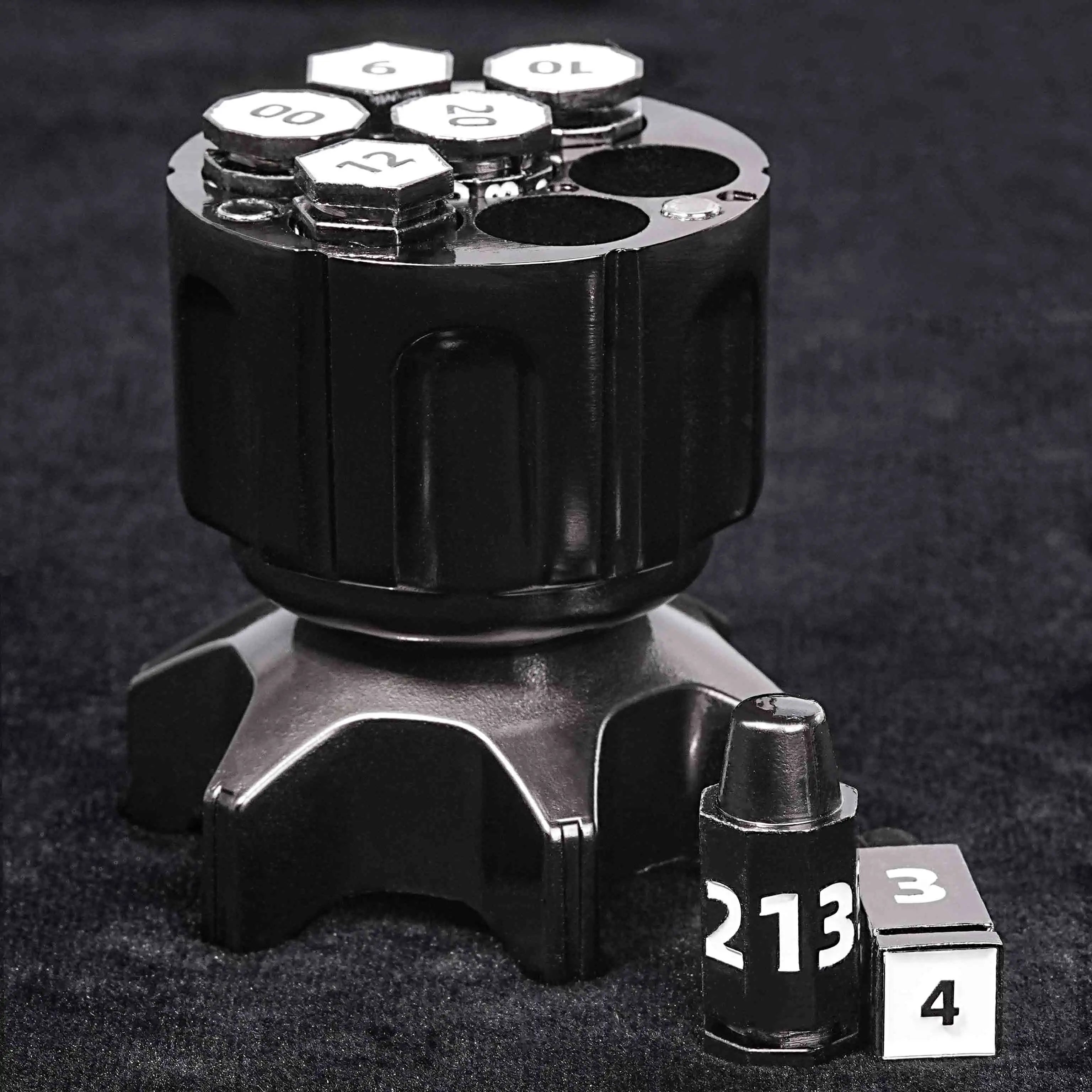 Cool rocket launcher dice box + unique black nickel DND metal bullet dice set | Bear Dice
