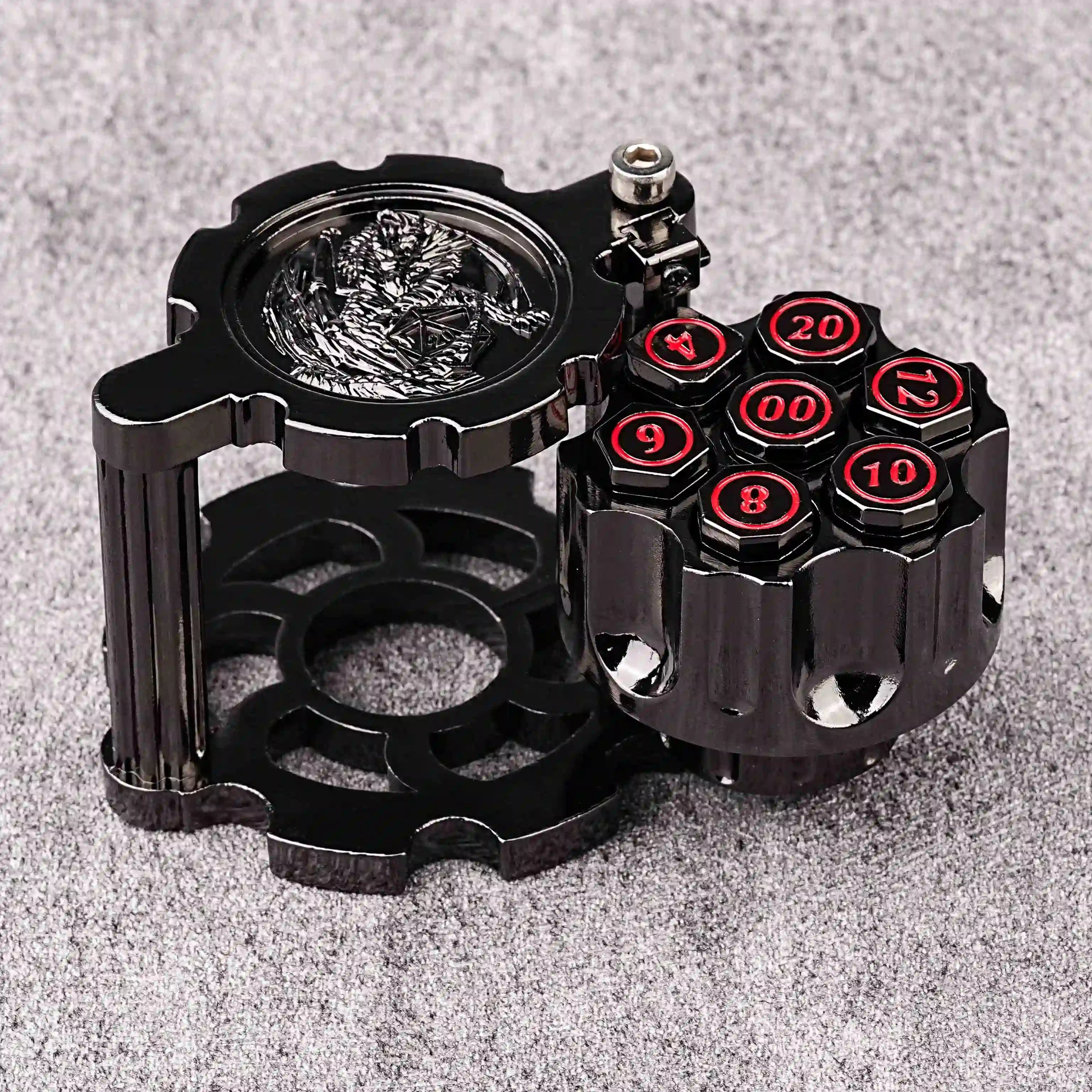 Black revolver gun dice set and 7 polyhedral DND bullet dice with red numbers | Bear Dice