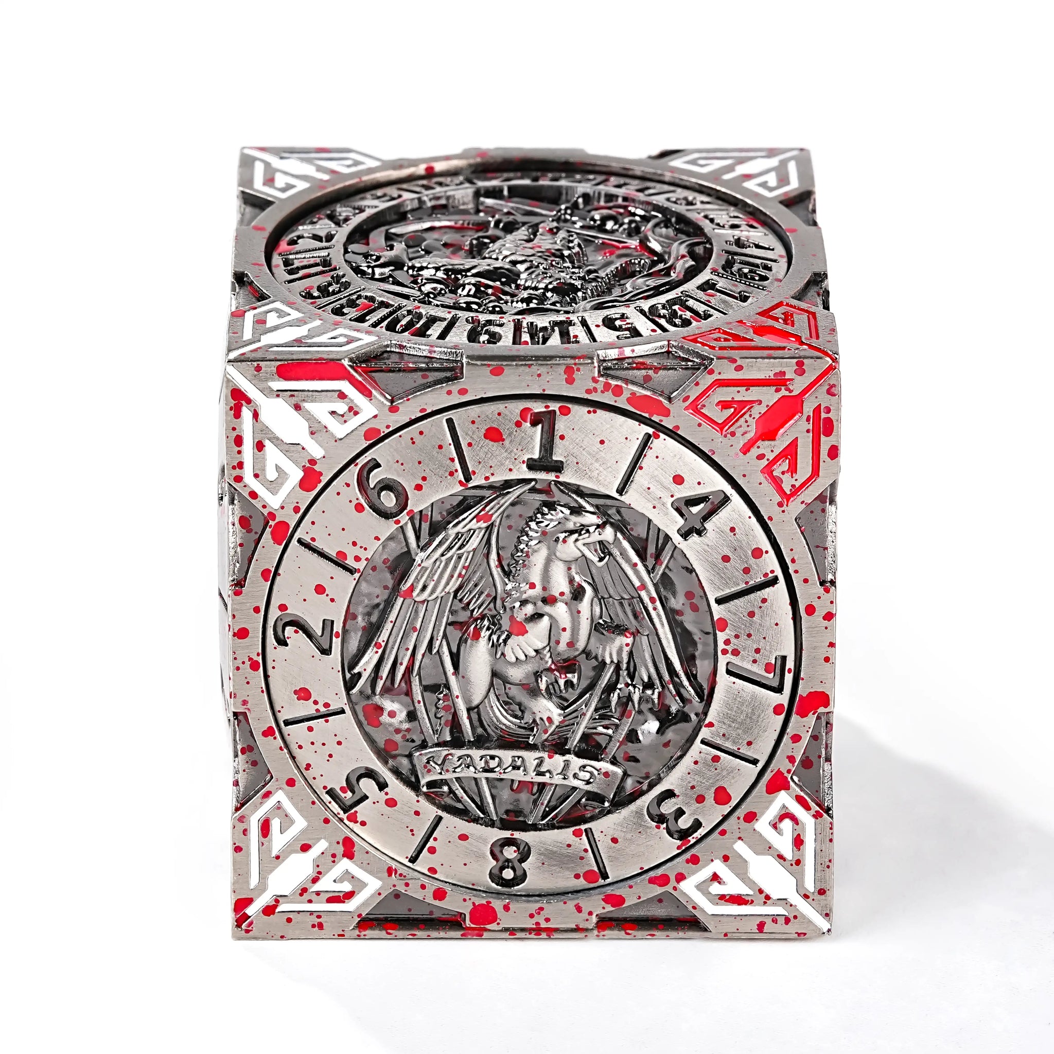 Cool Desktop Spinner Die: 7-in-1 Solid Metal DND Spinner Die (Blood-Stained Antique Nickel Finish) Featuring Six Engraved Designs (e.g., Skulls, Bear Warriors) | Bear Dice