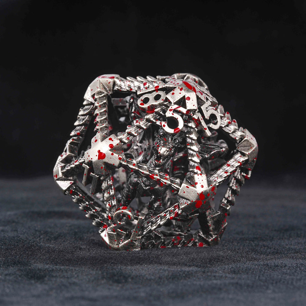 Bloodstained 40mm Metal 3D Dragon Giant D20 Dice in Bright Light | Bear Dice
