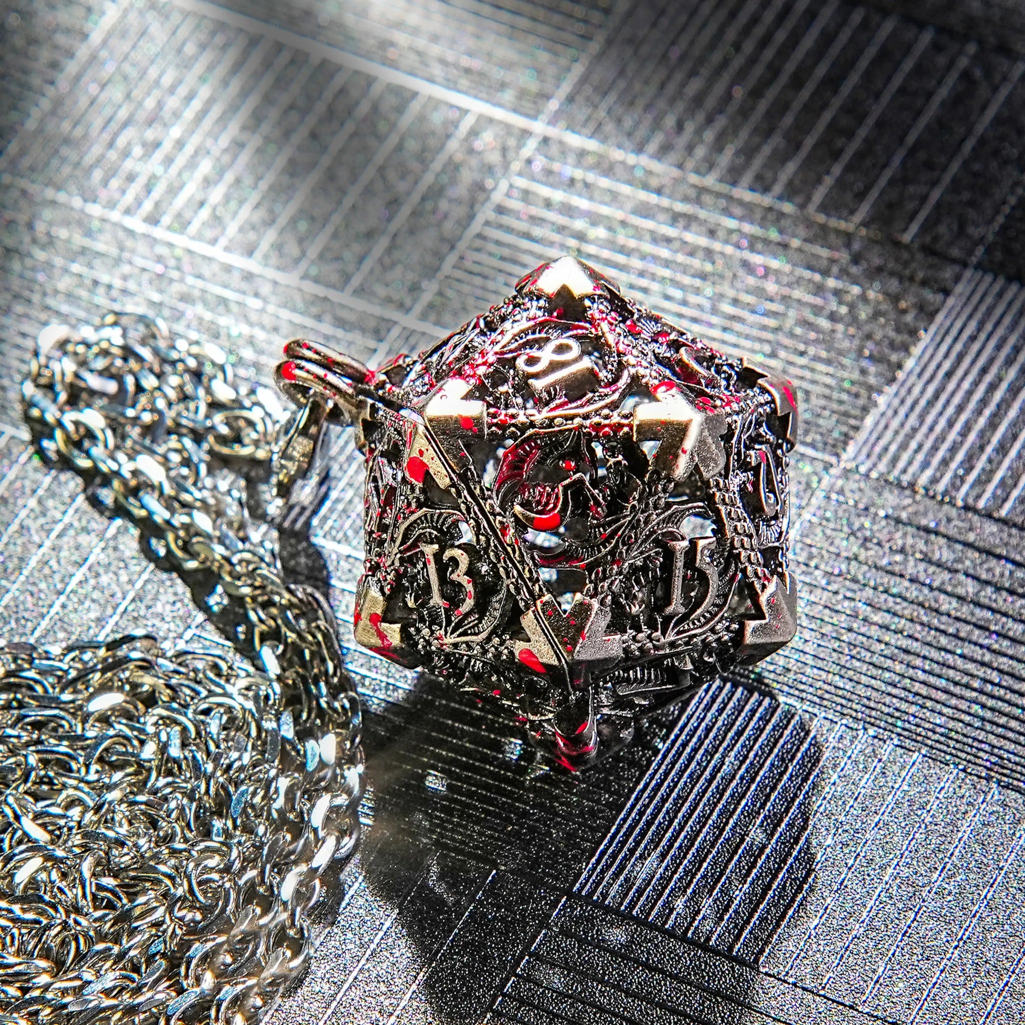 Bloodstained Nickel Metal Hollow D20 Dice Cage Necklace + DND Mini Metal Dice Set | Bear Dice