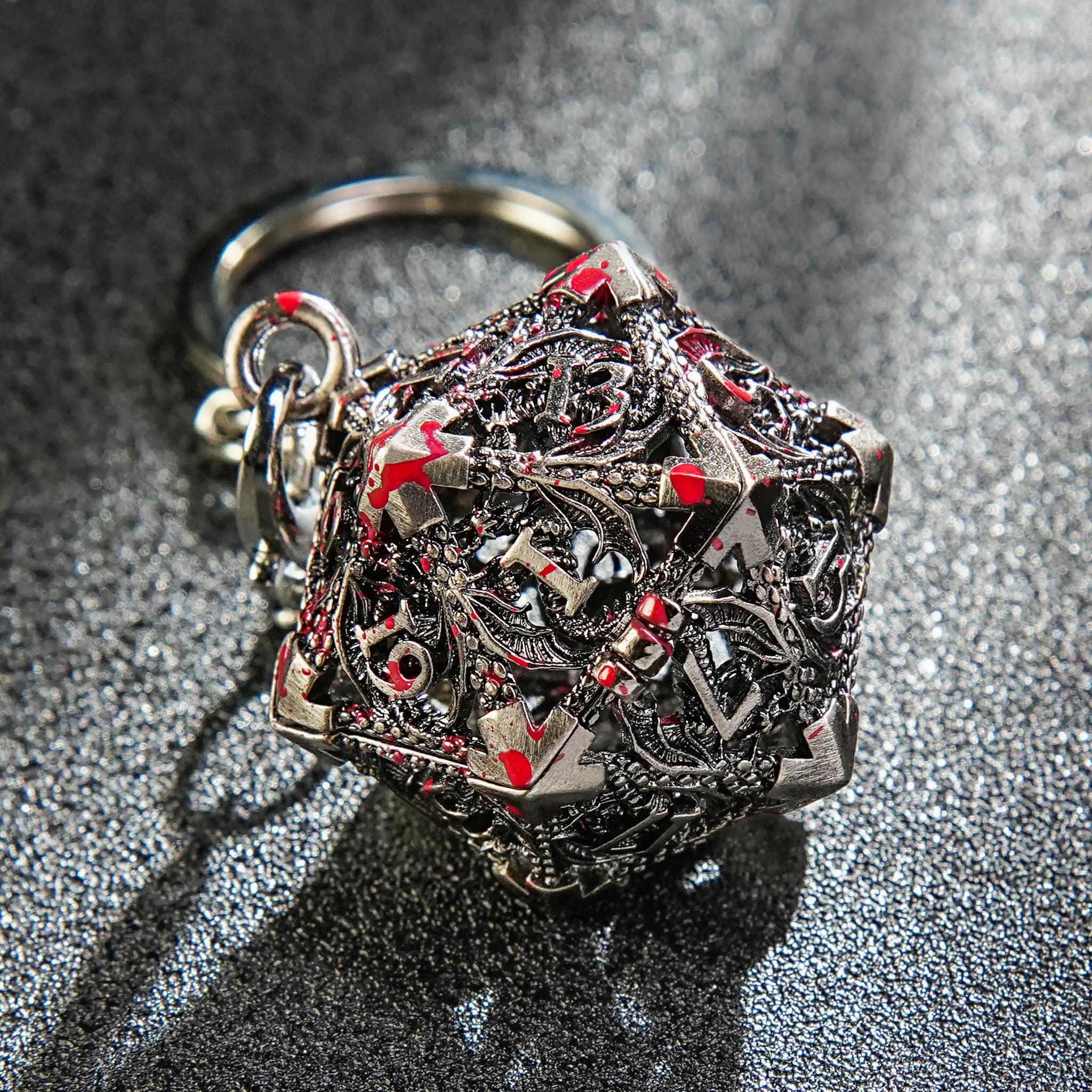 Bloodstained Nickel Metal Hollow D20 Dragon Dice Cage Keychain | Bear Dice