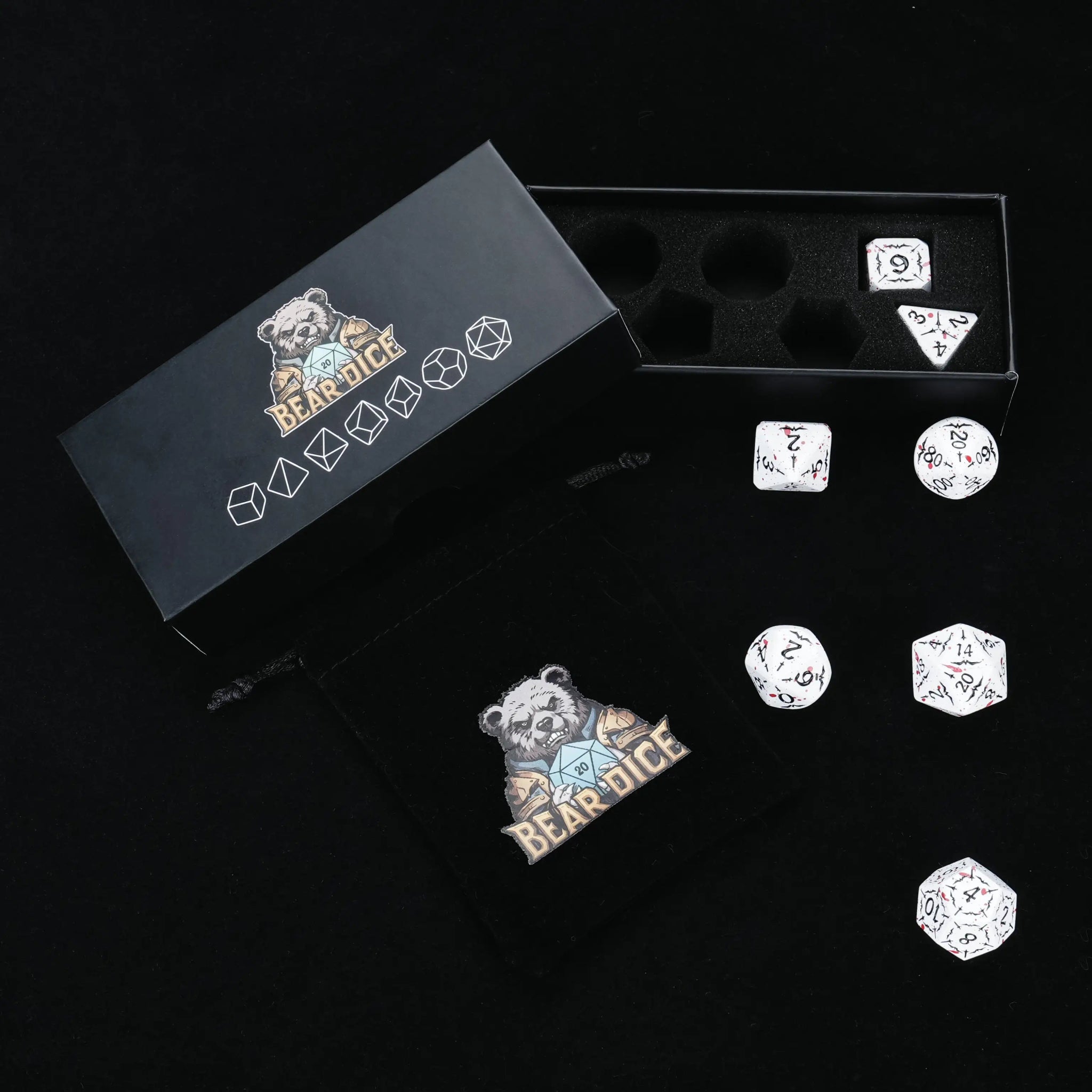 Bloodstained White Metallic Eagle and Sword DND Dice Set with a Black Sponge-Lined Dice Case and a Black Velvet Drawstring Dice Bag | Bear Dice