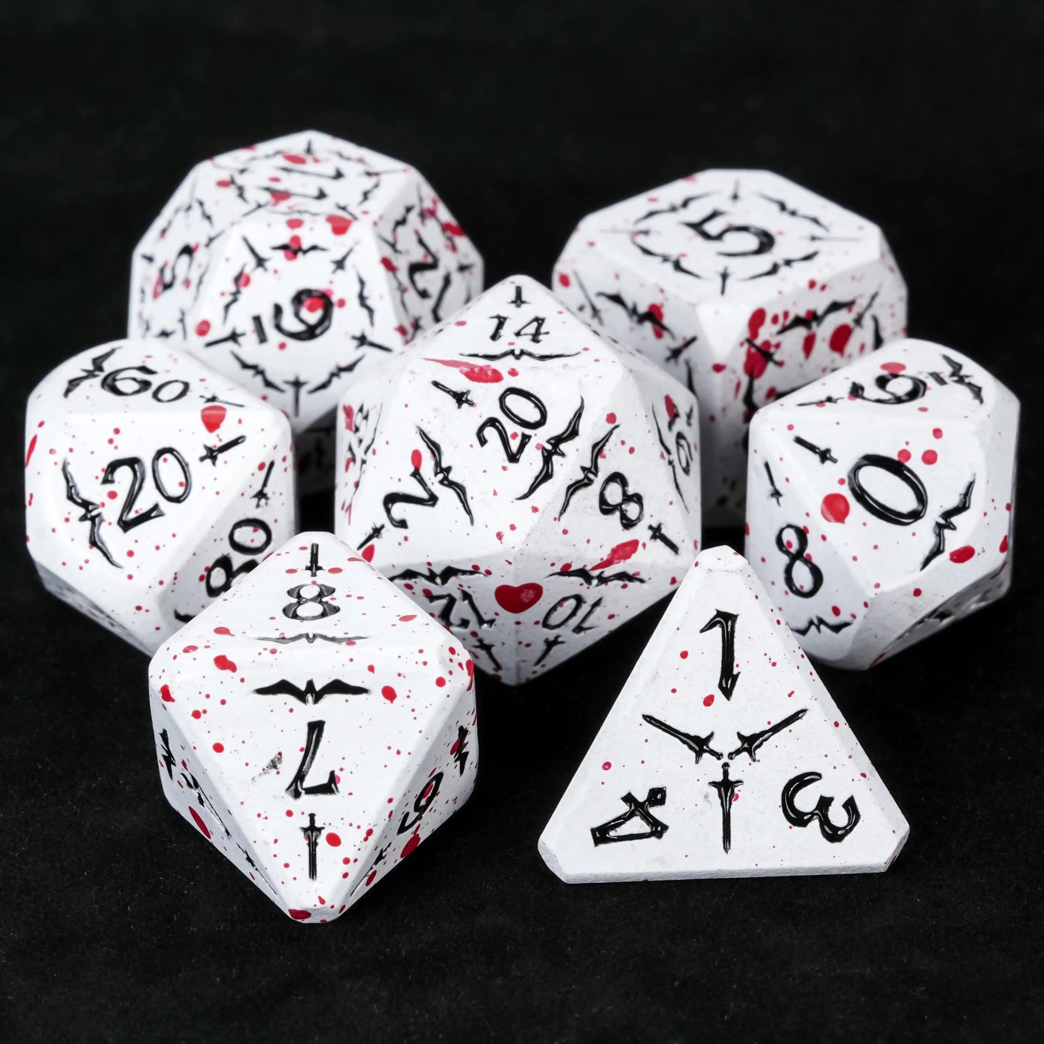 Bloodstained White Metallic Flat-Headed Eagle and Sword Series DND Dice Set | Bear Dice