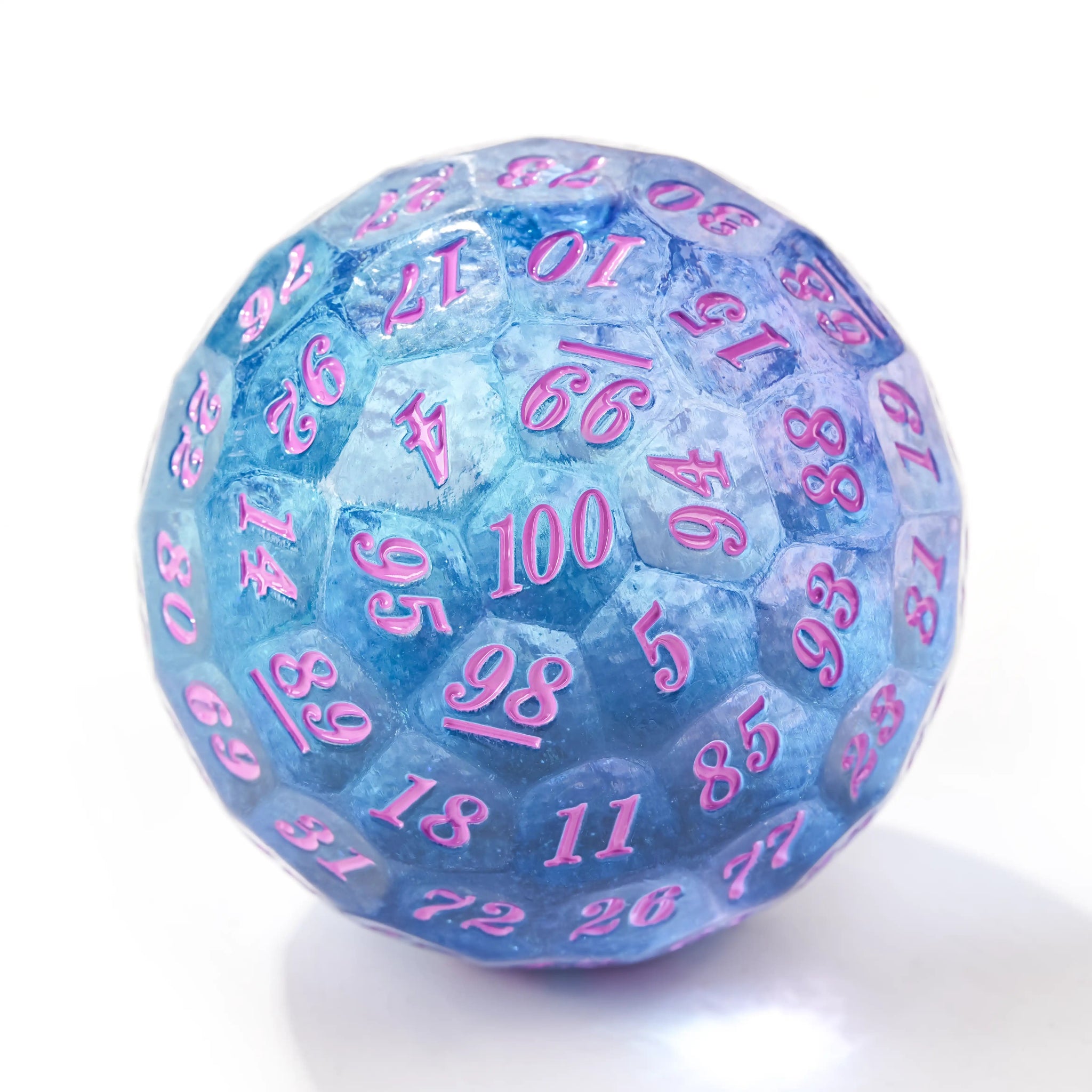 Blue-Purple Quicksand Resin D100 Dice - 50mm Transparent 100-Sided Dice Ball with Pink Numbers | Bear Dice